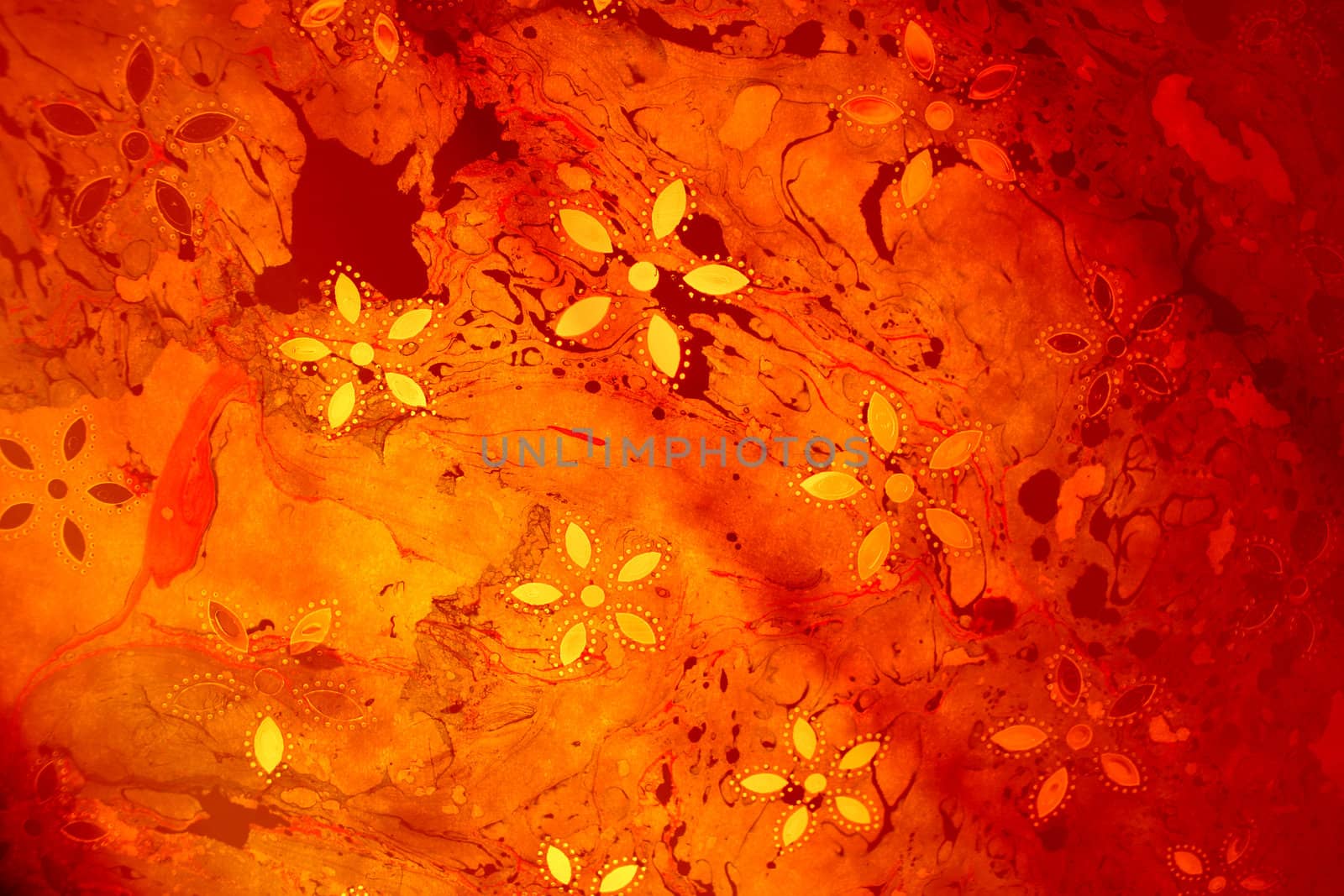 A background of an abstract floral design in orange & red colors, on a handmade paper.