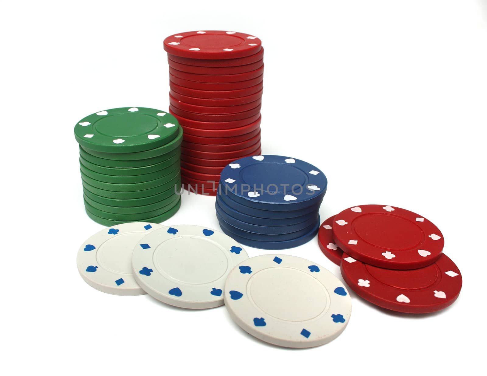 Stack of gambling chips over white background