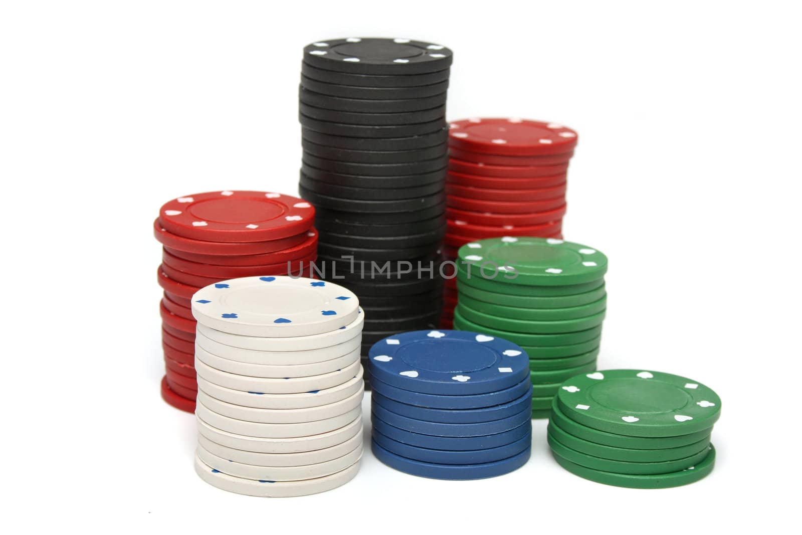 Stack of gambling chips over white background
