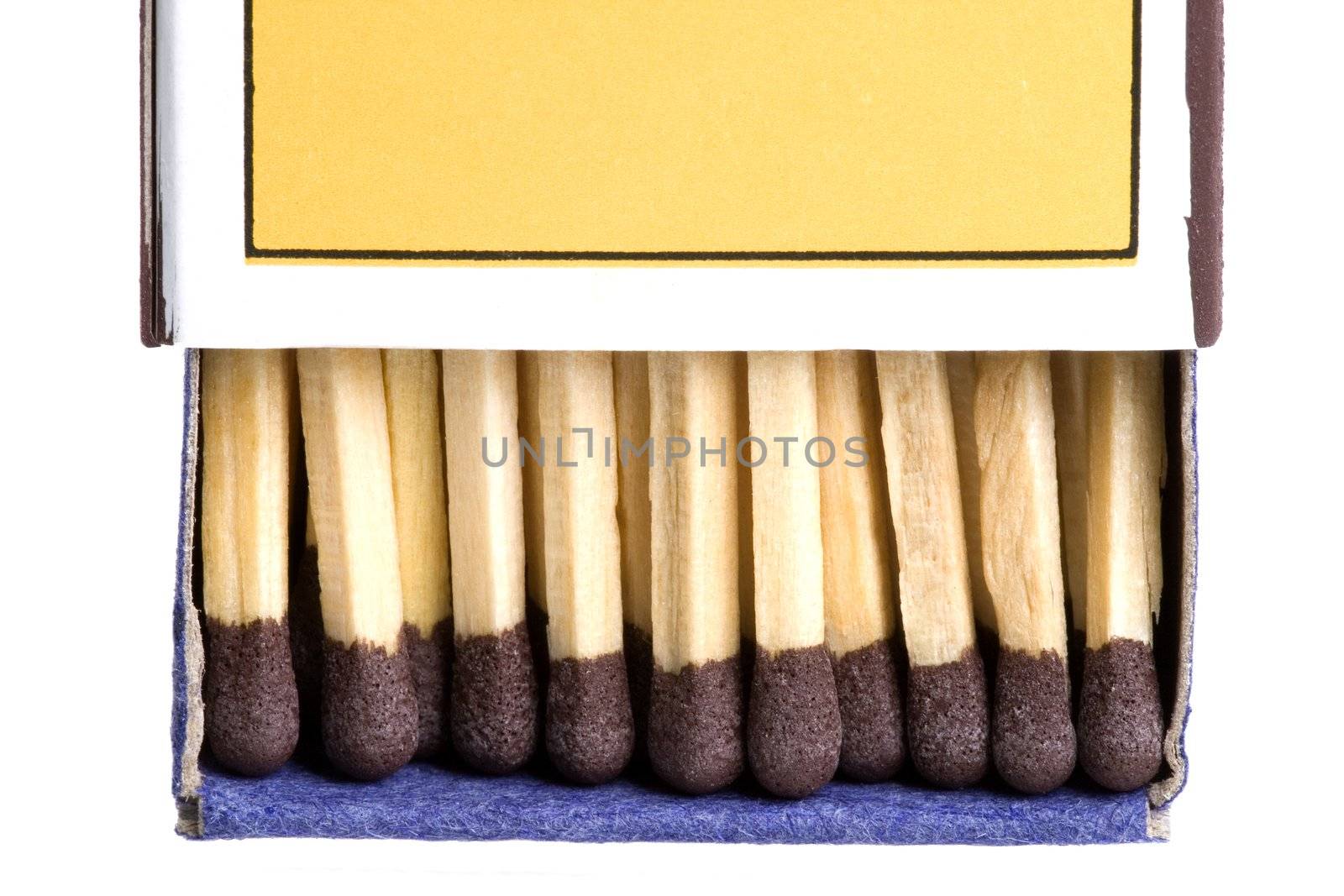 Isolated macro image of match sticks in a box.