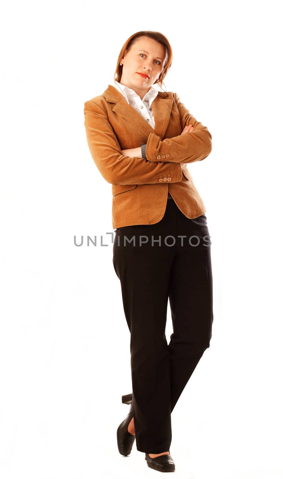 Full length portrait of a young successful woman with her hands folded, isolated over white background