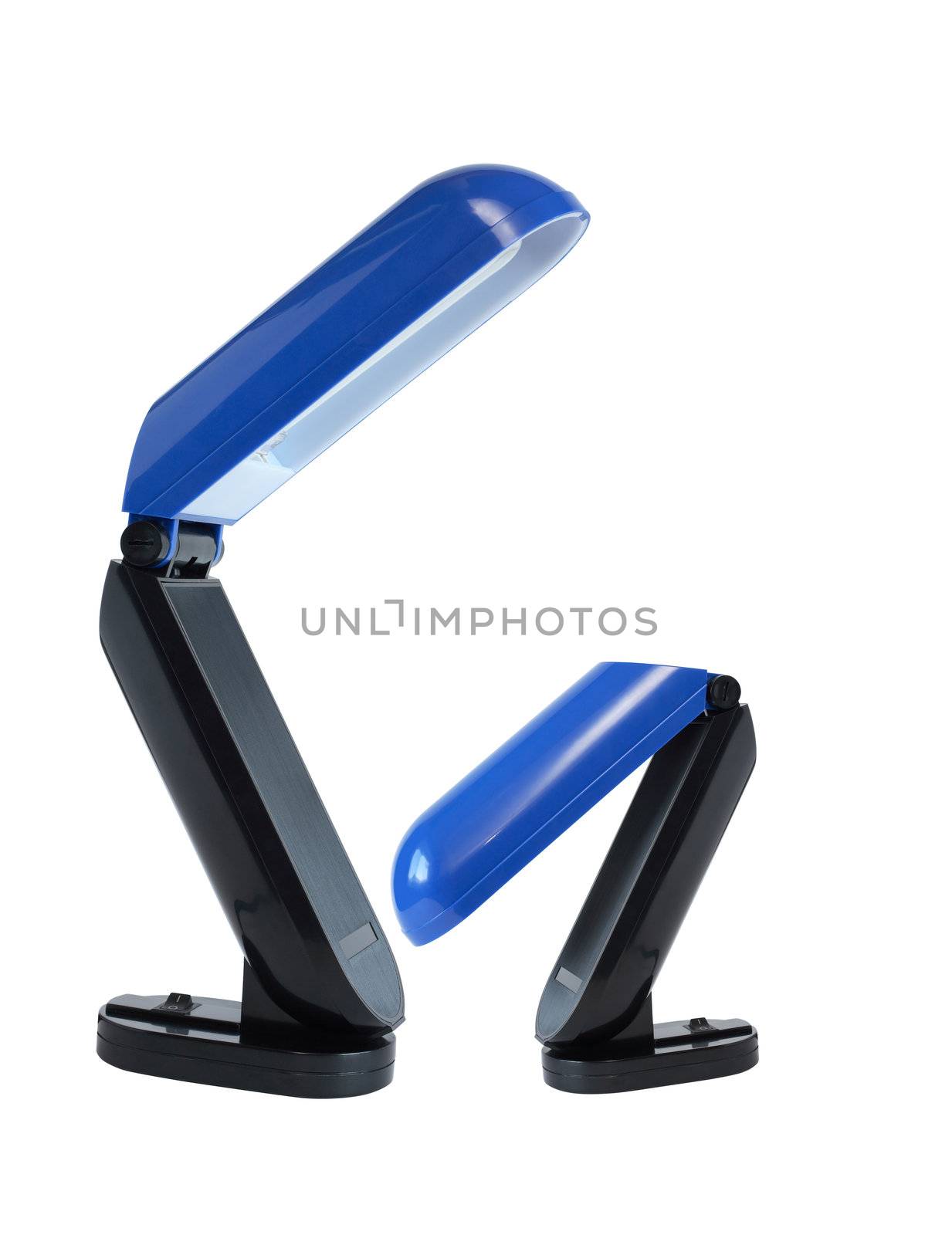 Two blue desk lamps like a parent and child on white background