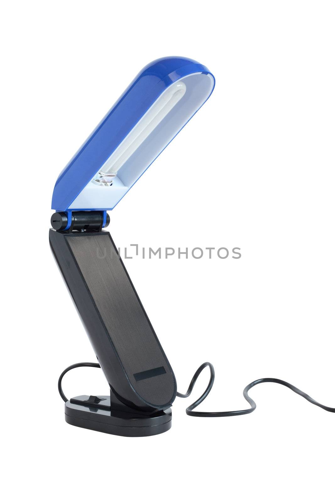 Modern folding blue desk lamp isolated on white background. Clipping path is included