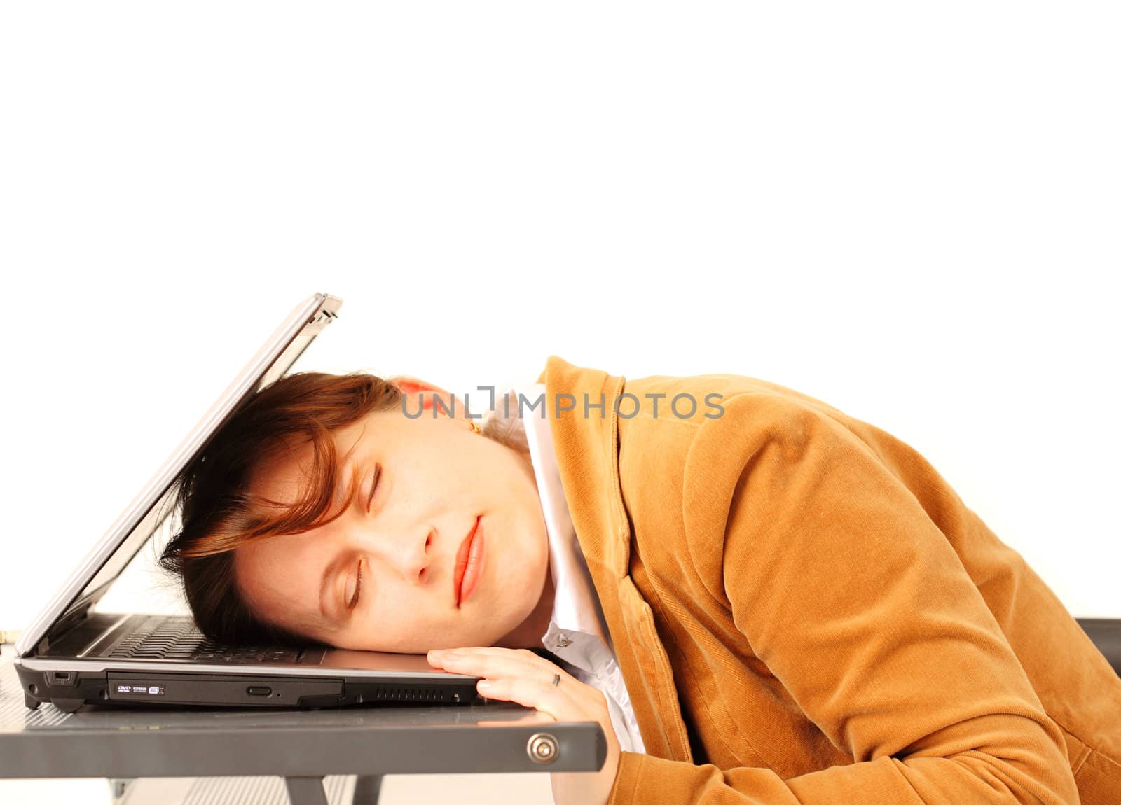 Young business woman sleeping on her laptop, isolated over white background  