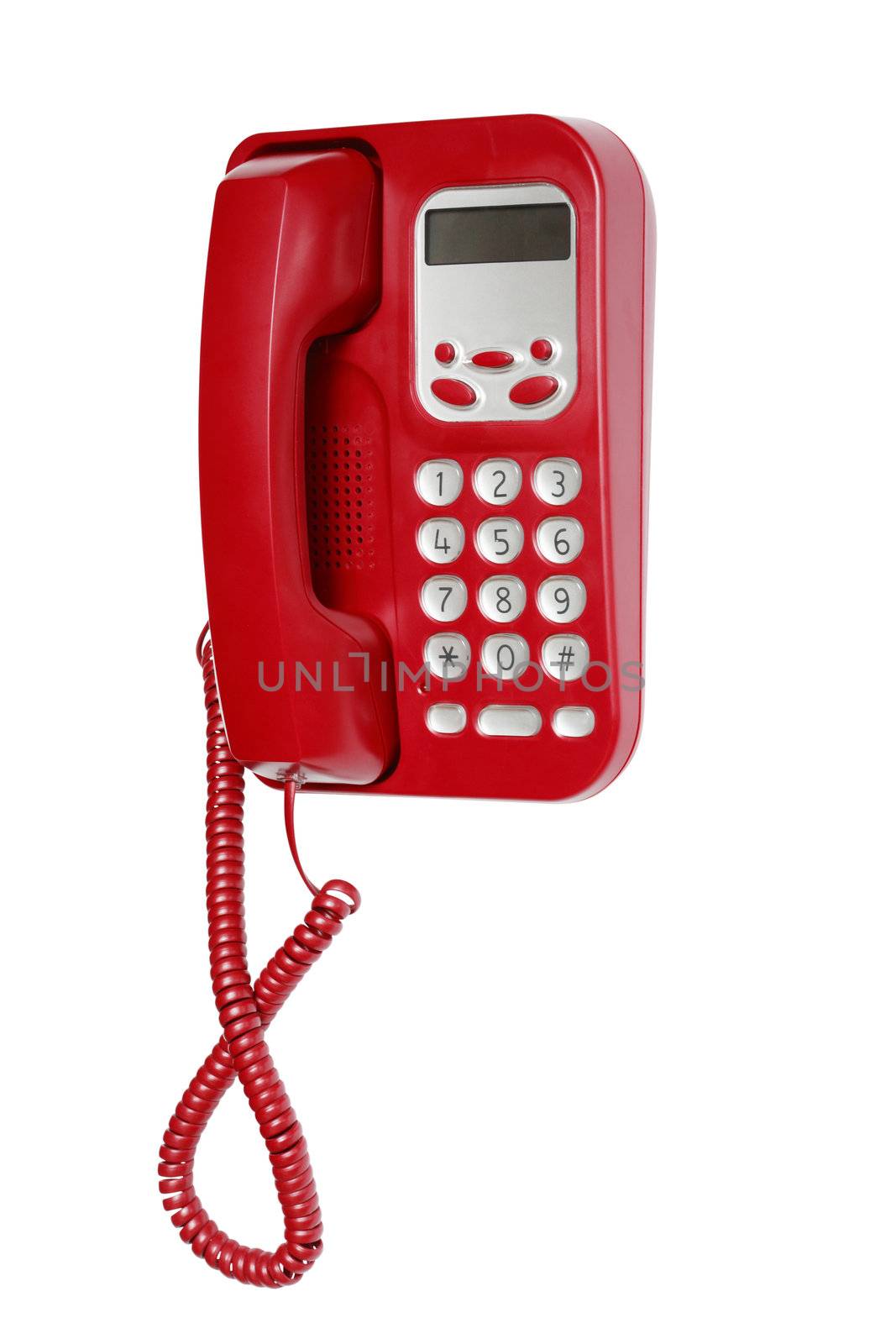 Red telephone hanging on white background. Isolated with clipping path