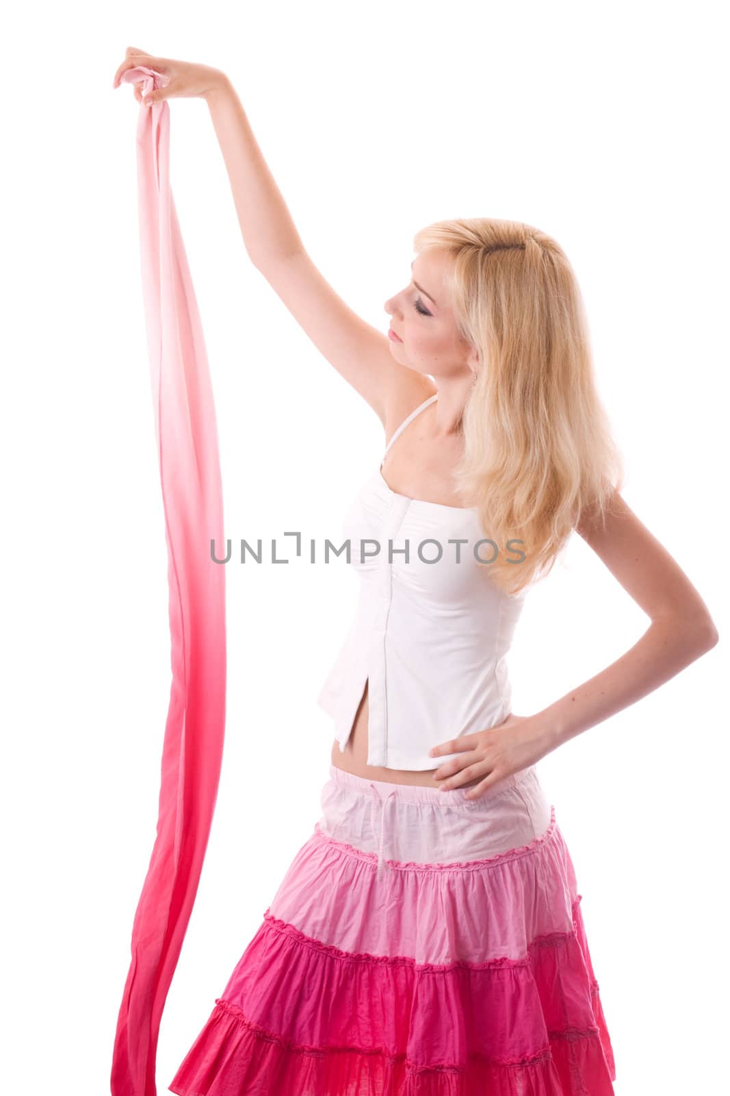 Young woman play with light pink scarf
