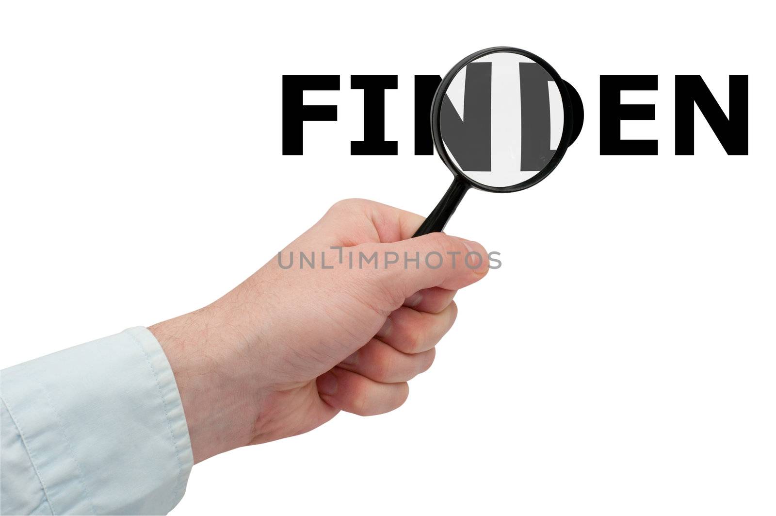 Searching - Man's Hand Holding Magnifying Glass and Search / Finden Sign - German Version 
