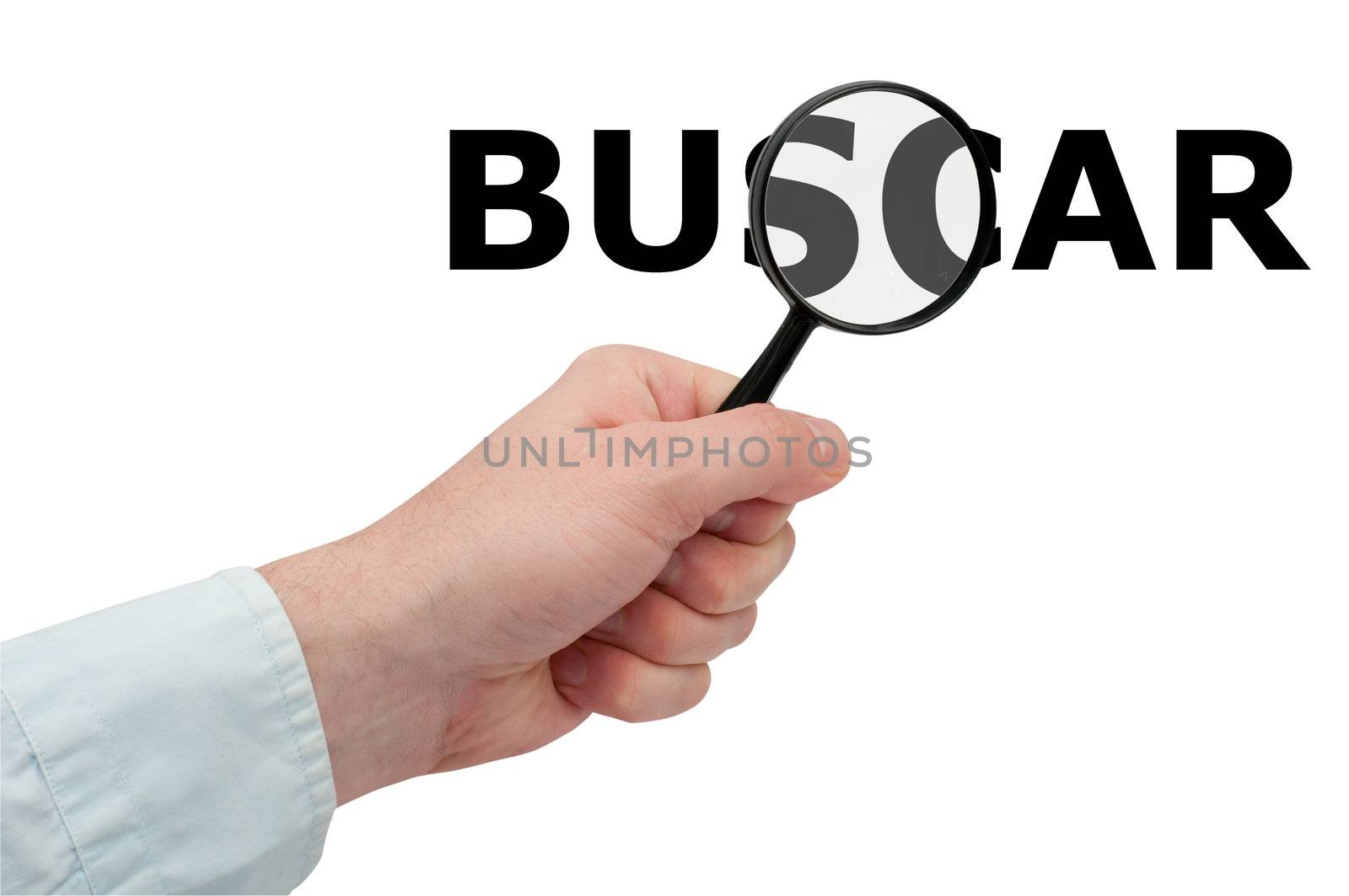 Searching - Man's Hand Holding Magnifying Glass and Search / Buscar Sign - Spanish Version 