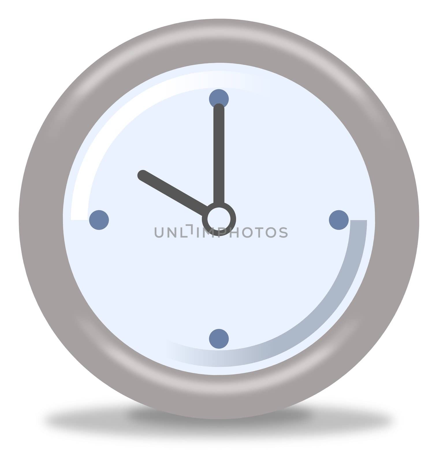 Silver and blue clock on white background showing ten