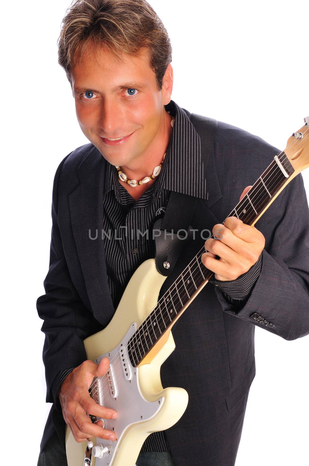 man with a guitar set on a white background