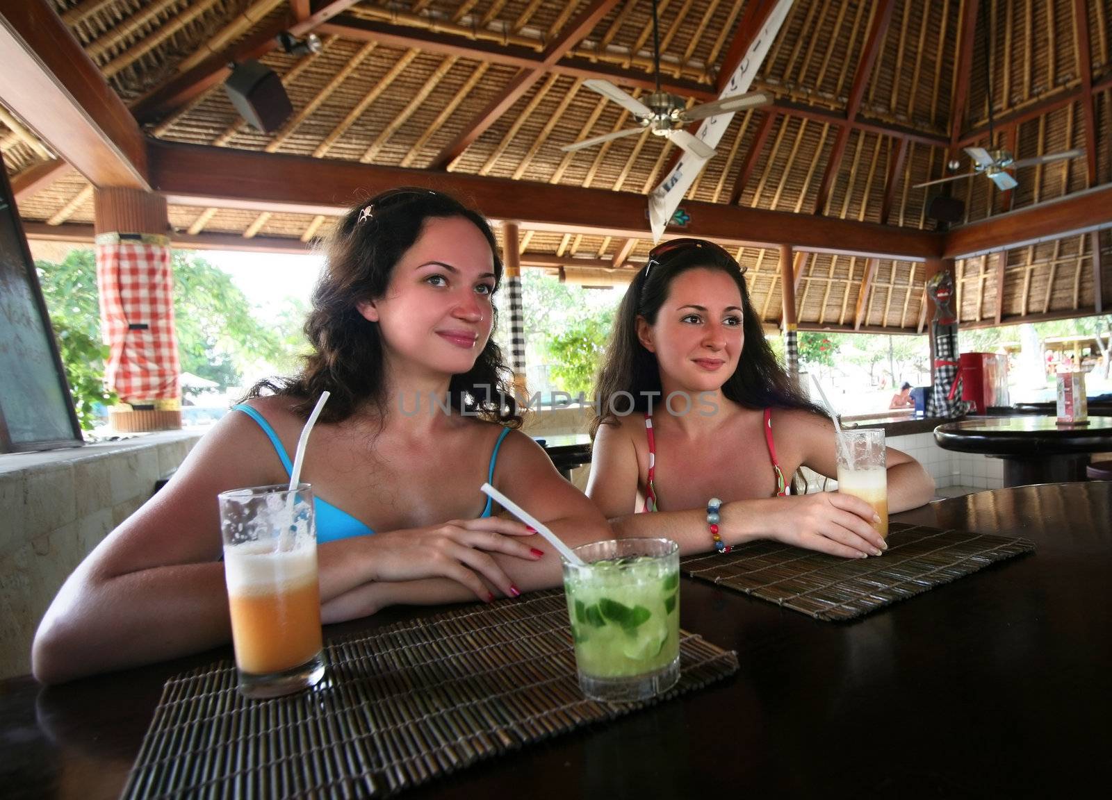 The beautiful young women, enjoying a cocktail in a bar