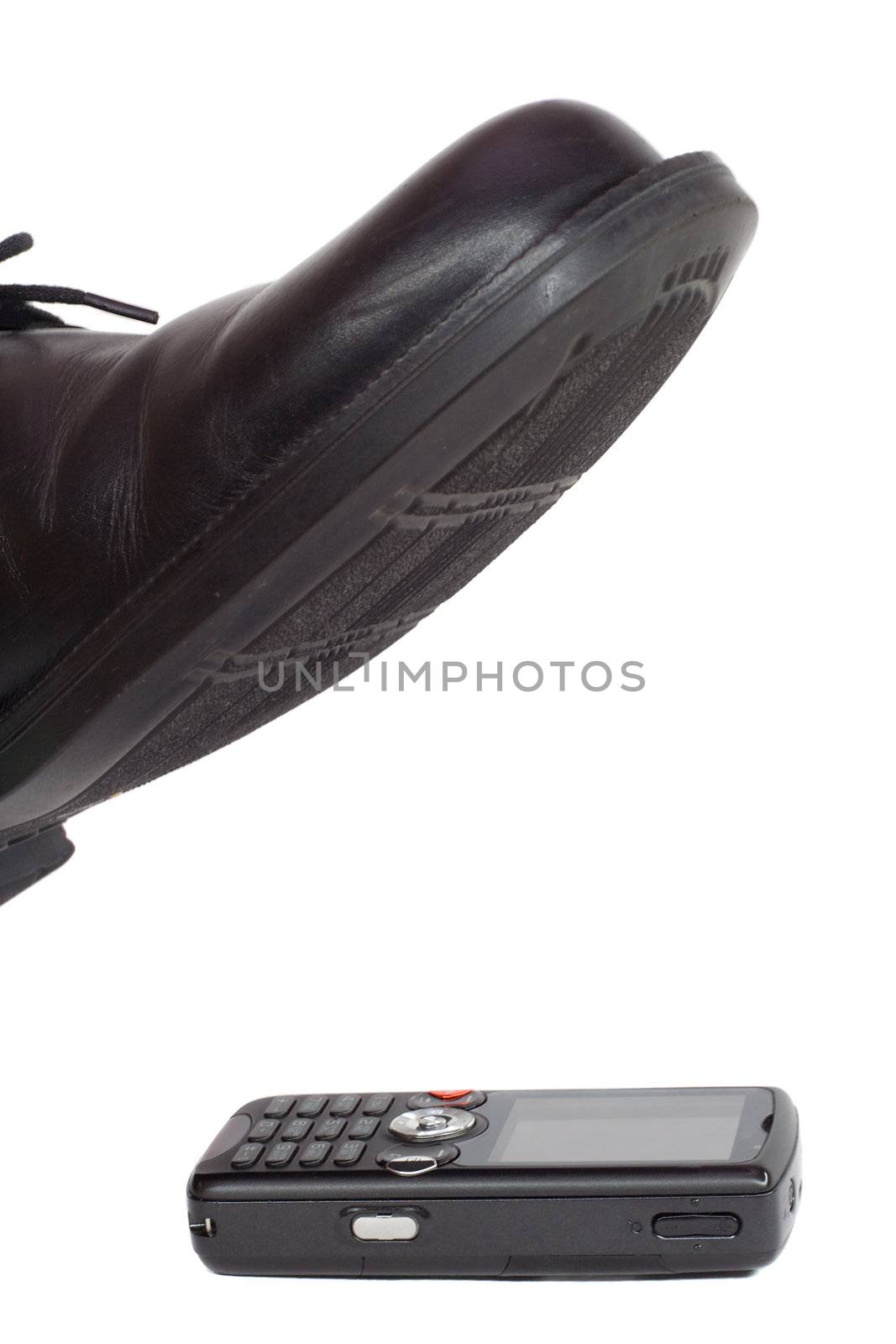 black shoe step on phone, isolated on white