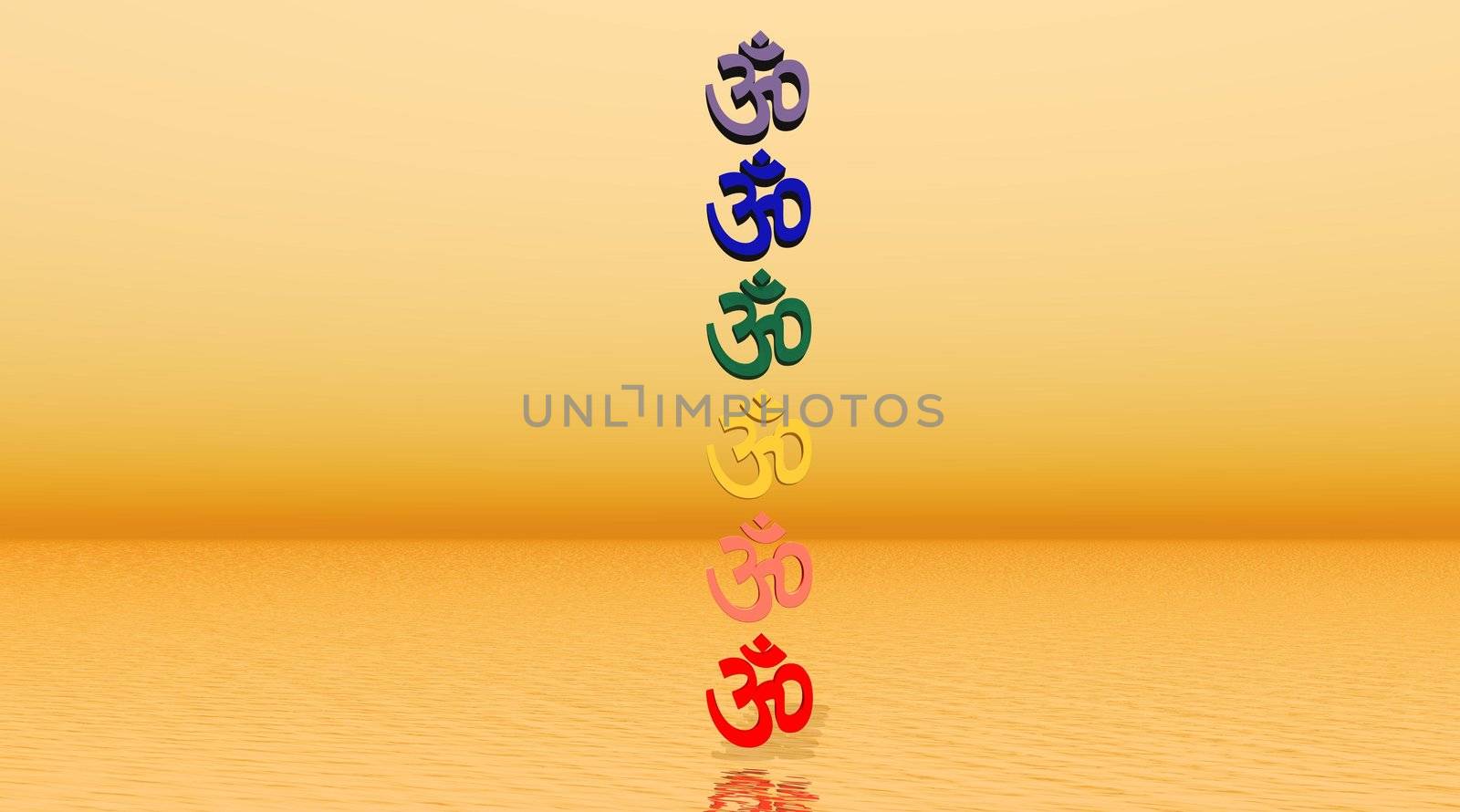 Colored aum / om in chakra column in orange background by Elenaphotos21