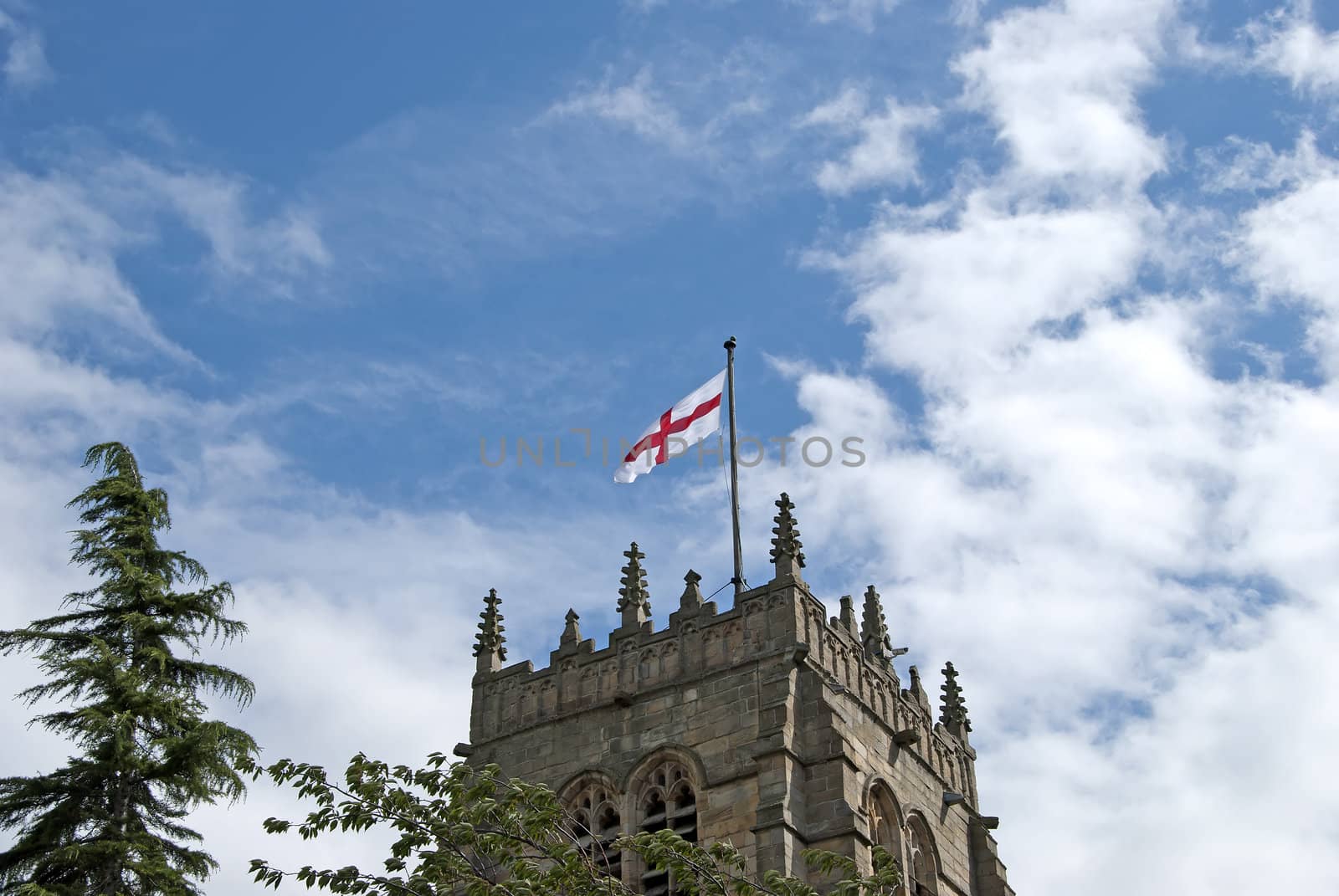The Tower of an English Cathedral and the Flag of Saint George