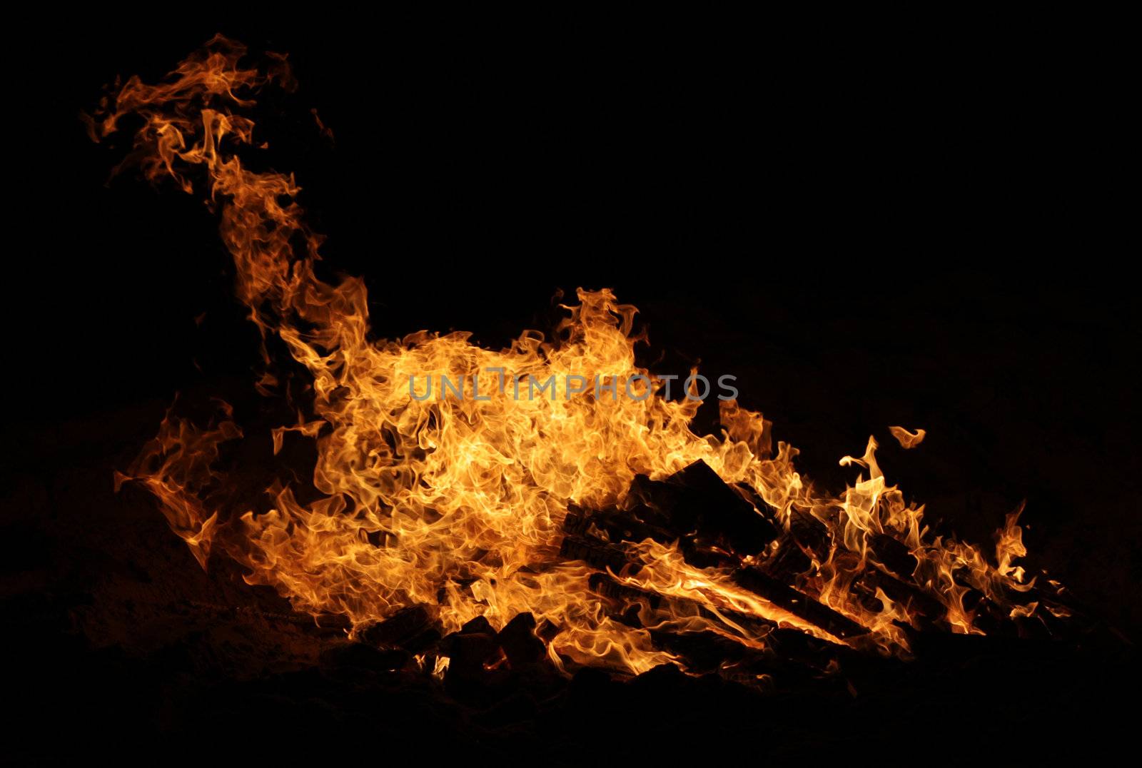 A raging bonfire burns on the beach.

