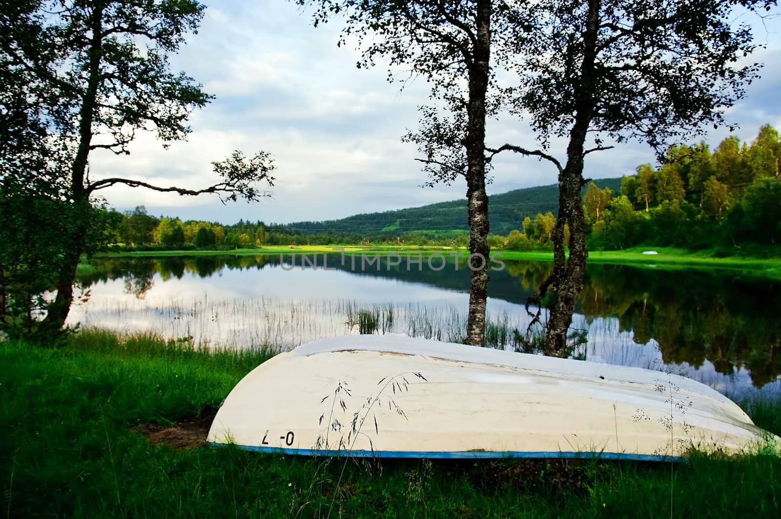 A row boat by the banks of a lake