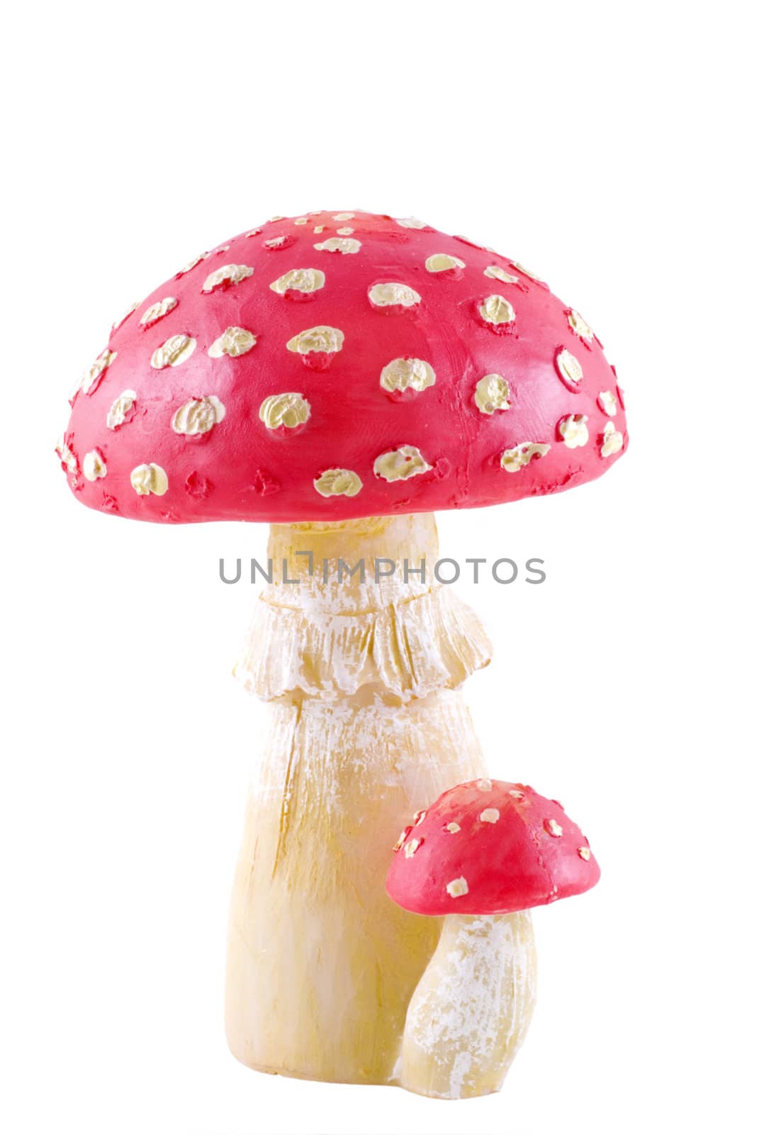 Red spotted toadstool on a white background.