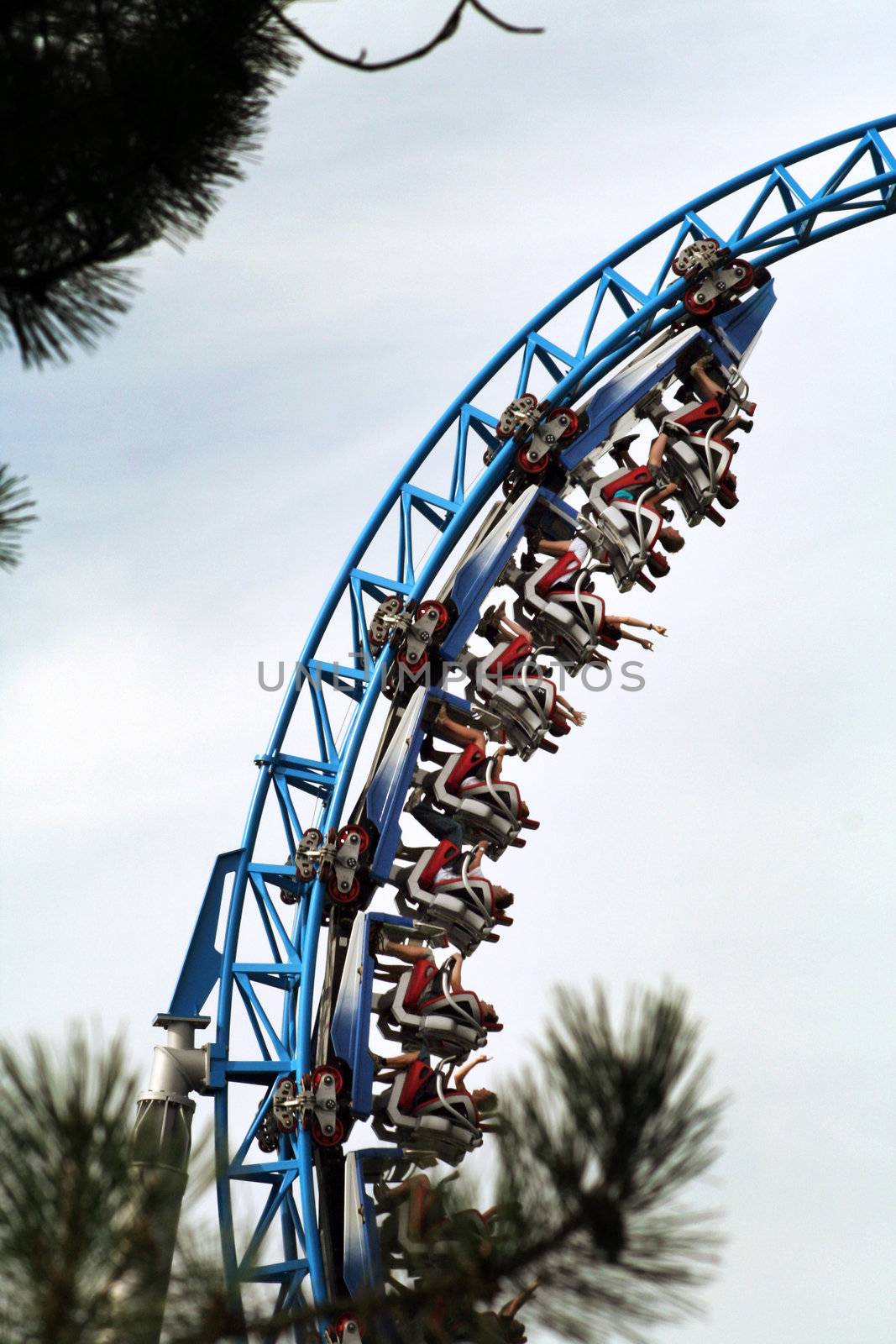people in the looping of a fast roller coaster