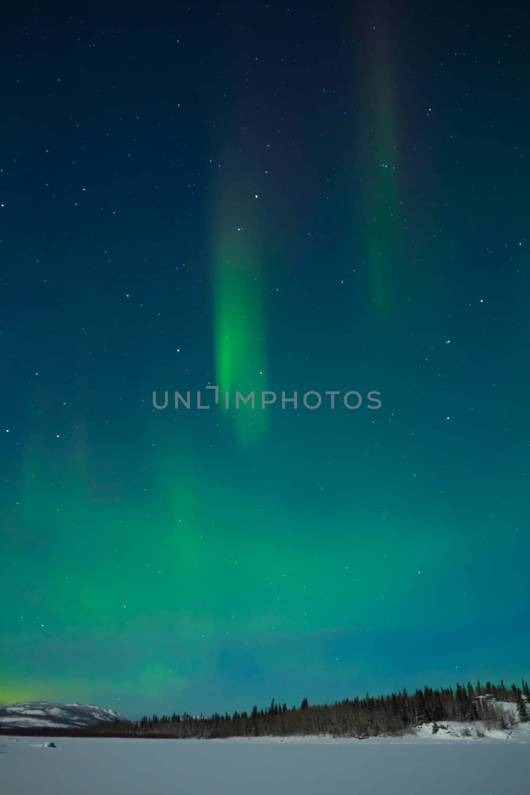 Northern Lights (Aurora borealis) over moon lit snowscape of frozen lake and forested hills.