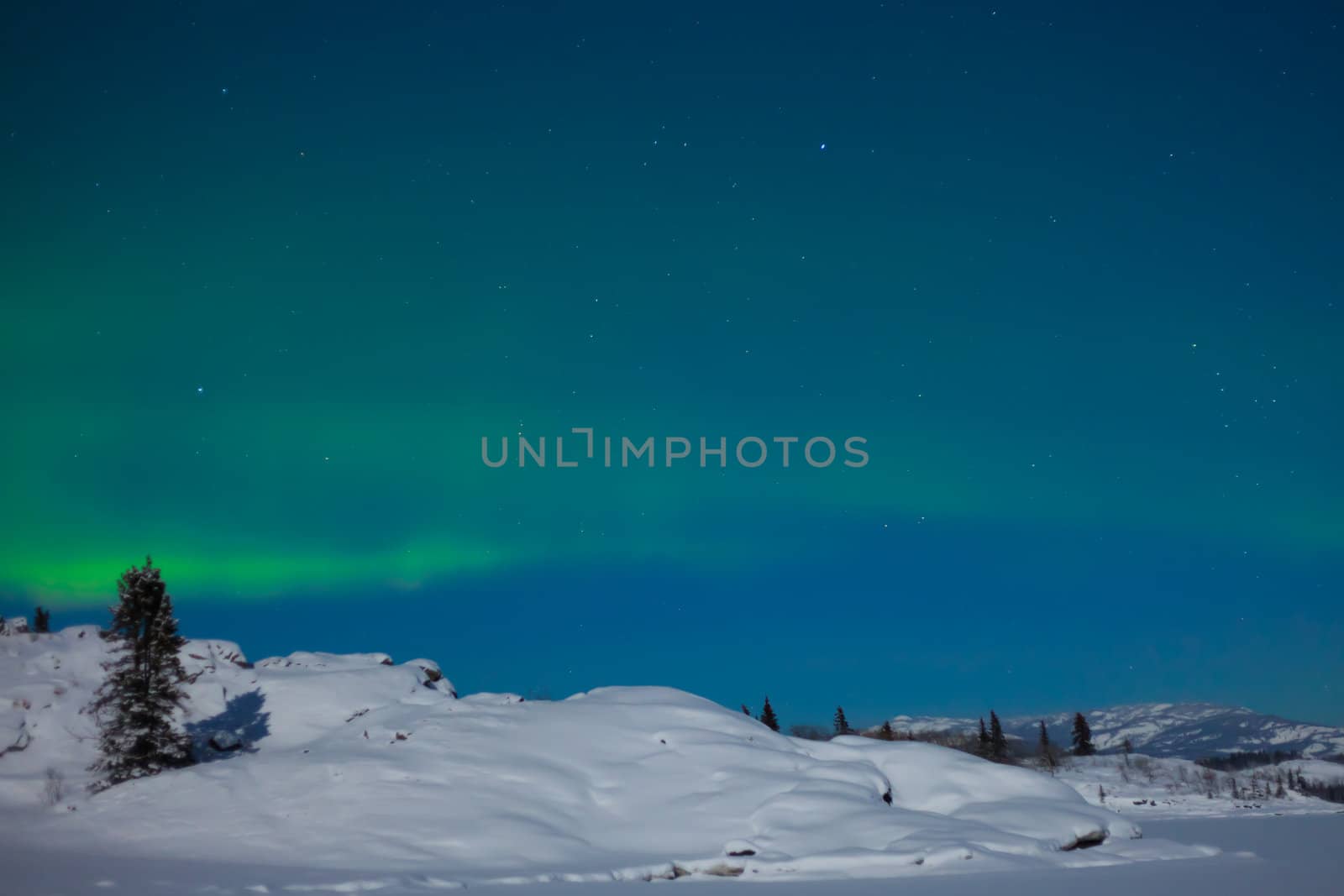 Northern Lights (Aurora borealis) over moon lit snowscape.