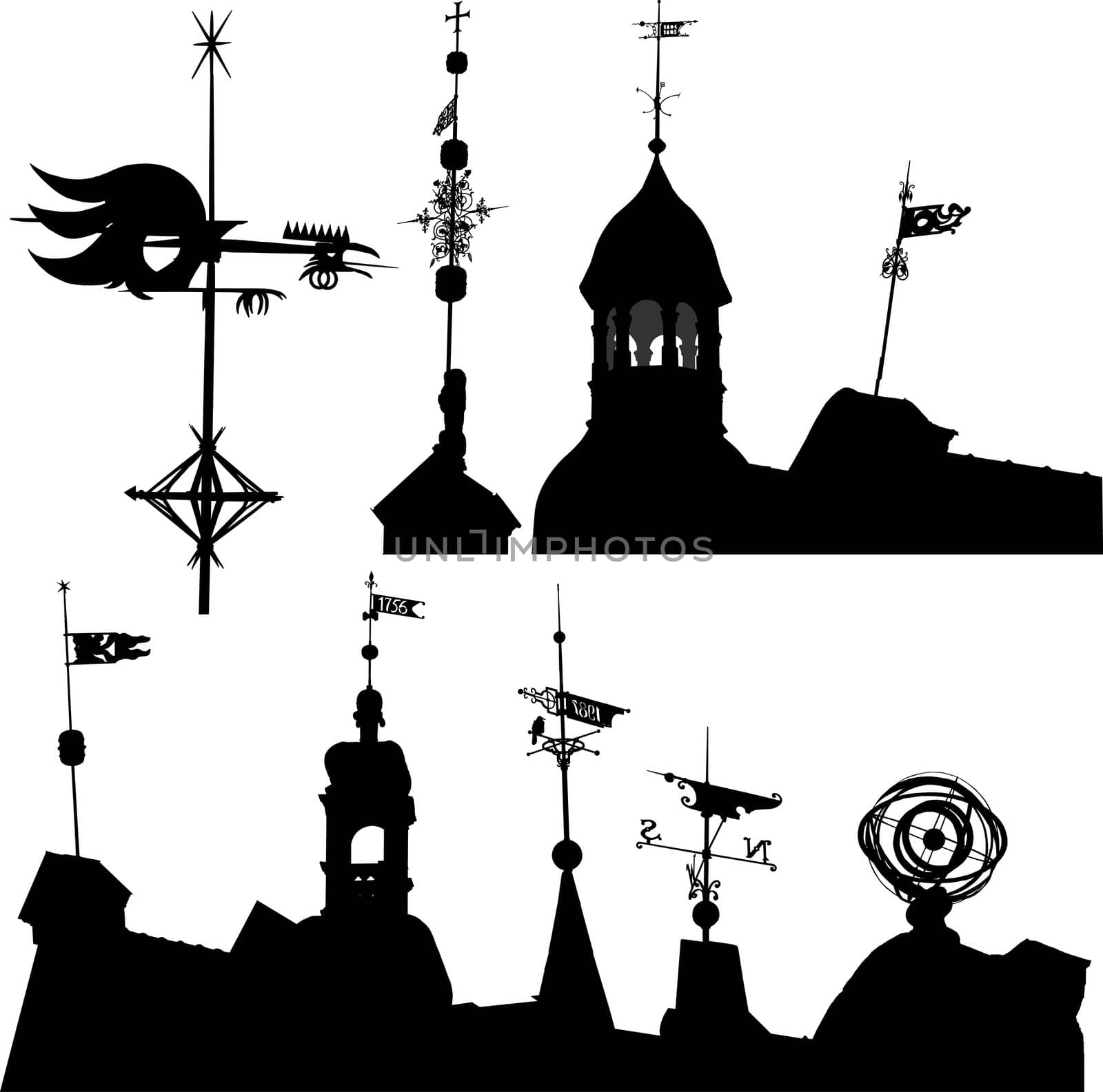 Set of silhouettes of weather vanes and turrets