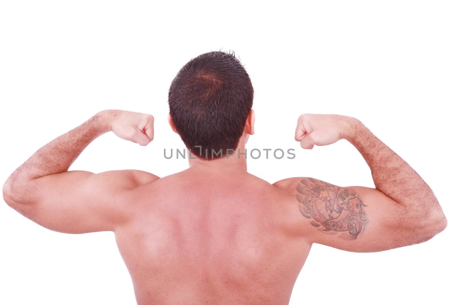 Young sexy man showing his biceps isolated on white by dacasdo