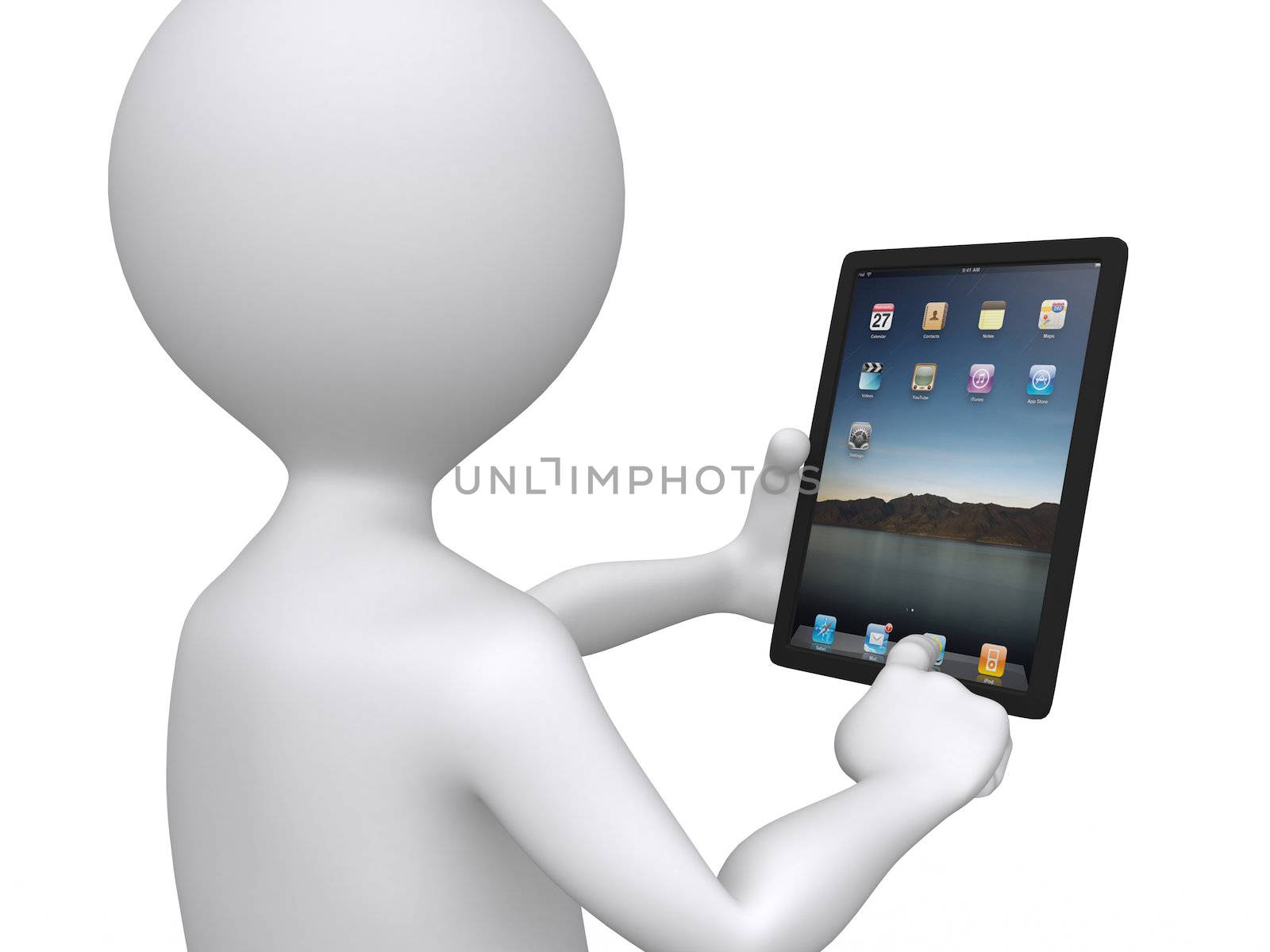 3D man holding a touchpad pc pressing one of the icons by dacasdo