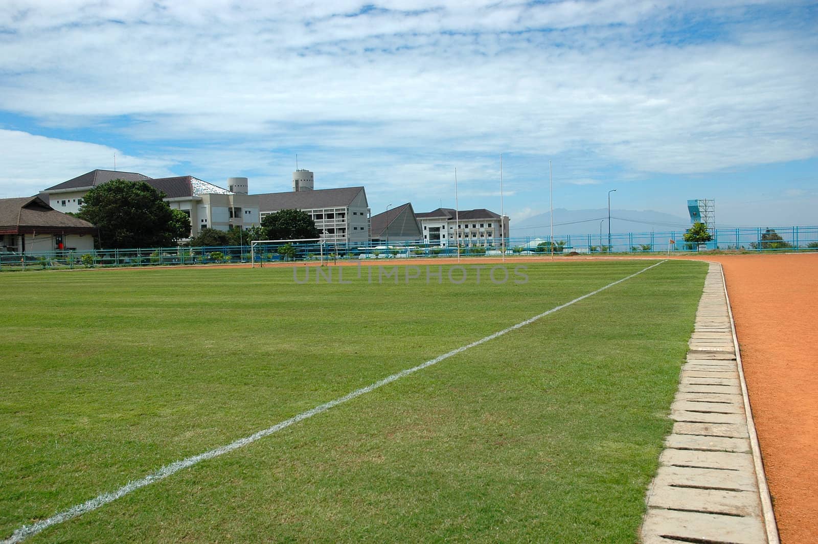 soccer field with nice green grass and blue sky