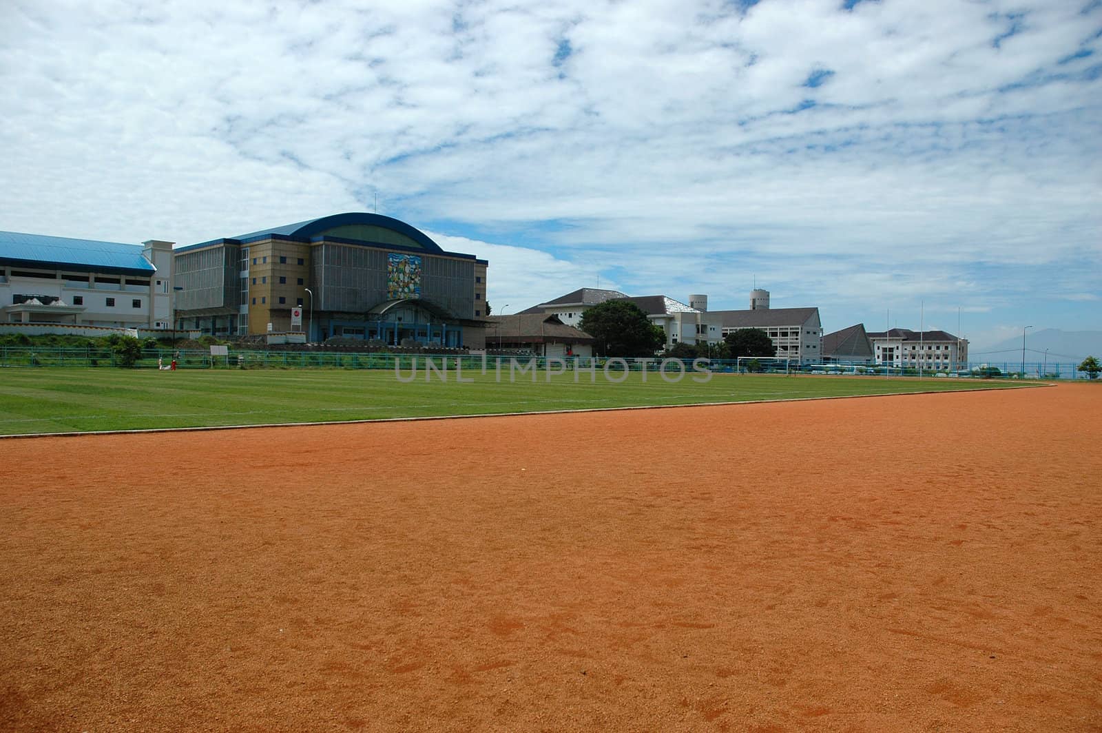 soccer field with nice green grass and blue sky