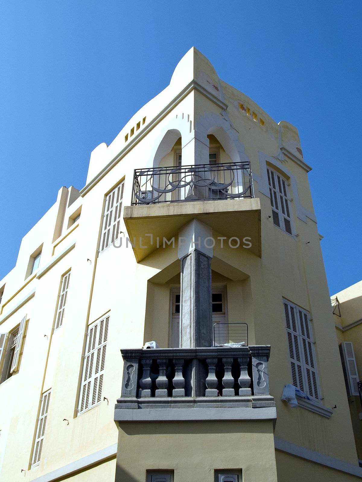 Details of Bauhaus architecture style house downtown Tel Aviv Israel
