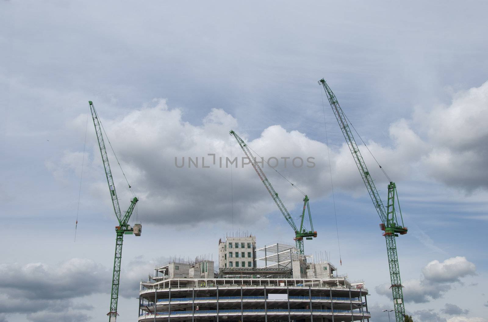 Three Green Tower Cranes a building under construction