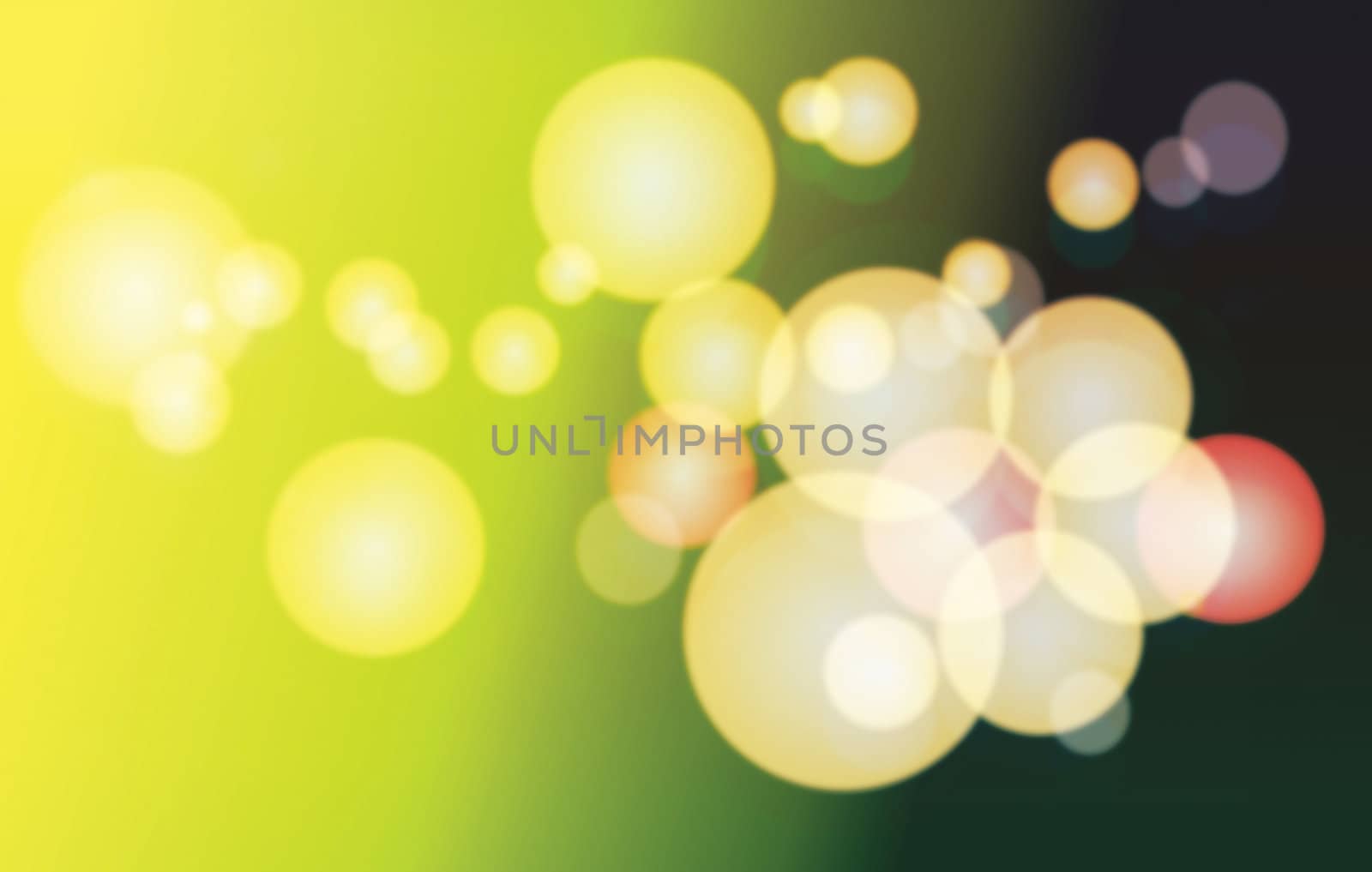 Landscape format image of circles set in soft and blurry focus to a green and yellow base. Representative of soft Christmas lights in a background.