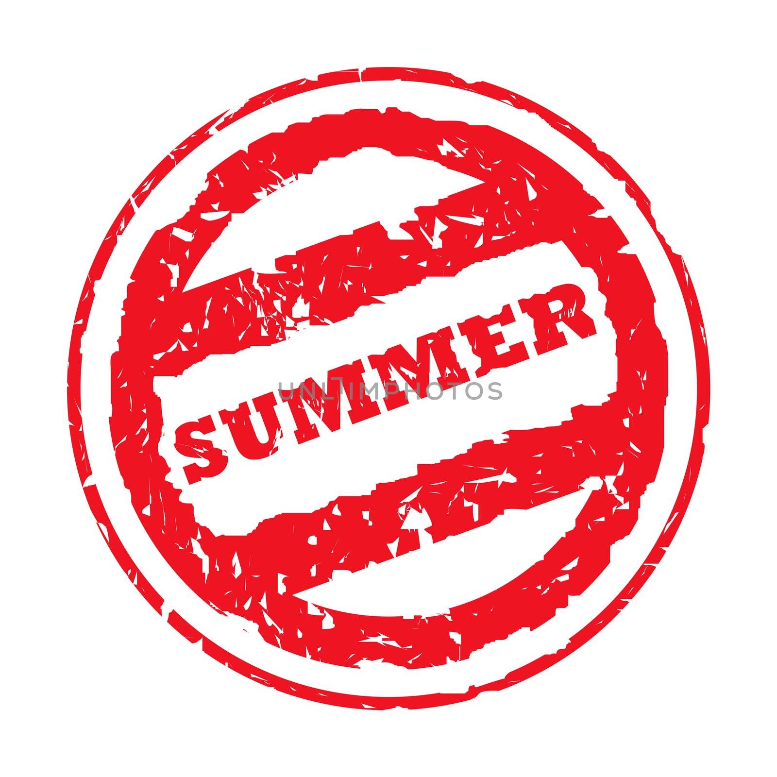 Used red summer holiday passport stamp, isolated, on white background.