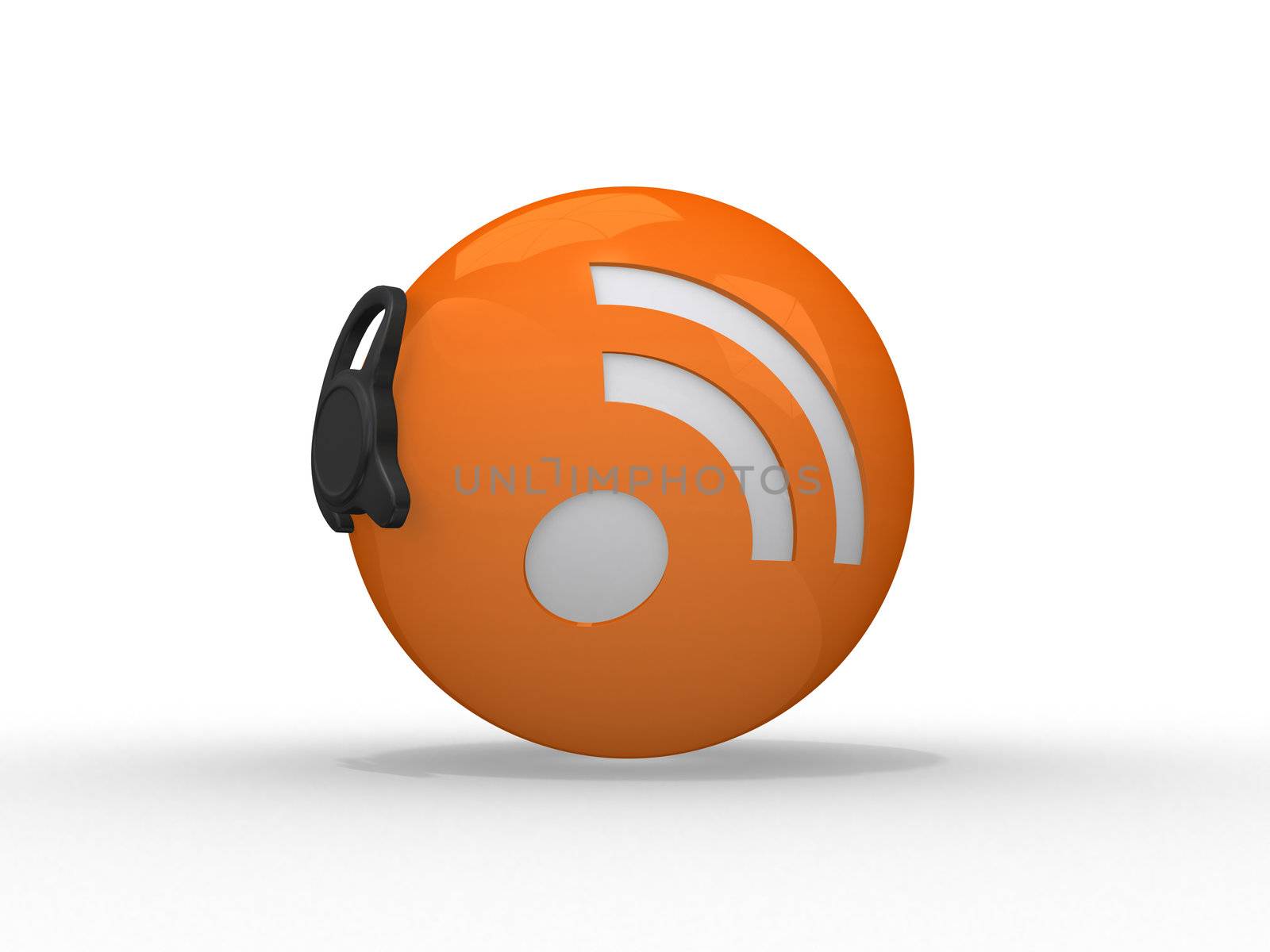 3d illustration of rss symbol with headset, orange sphere over white background