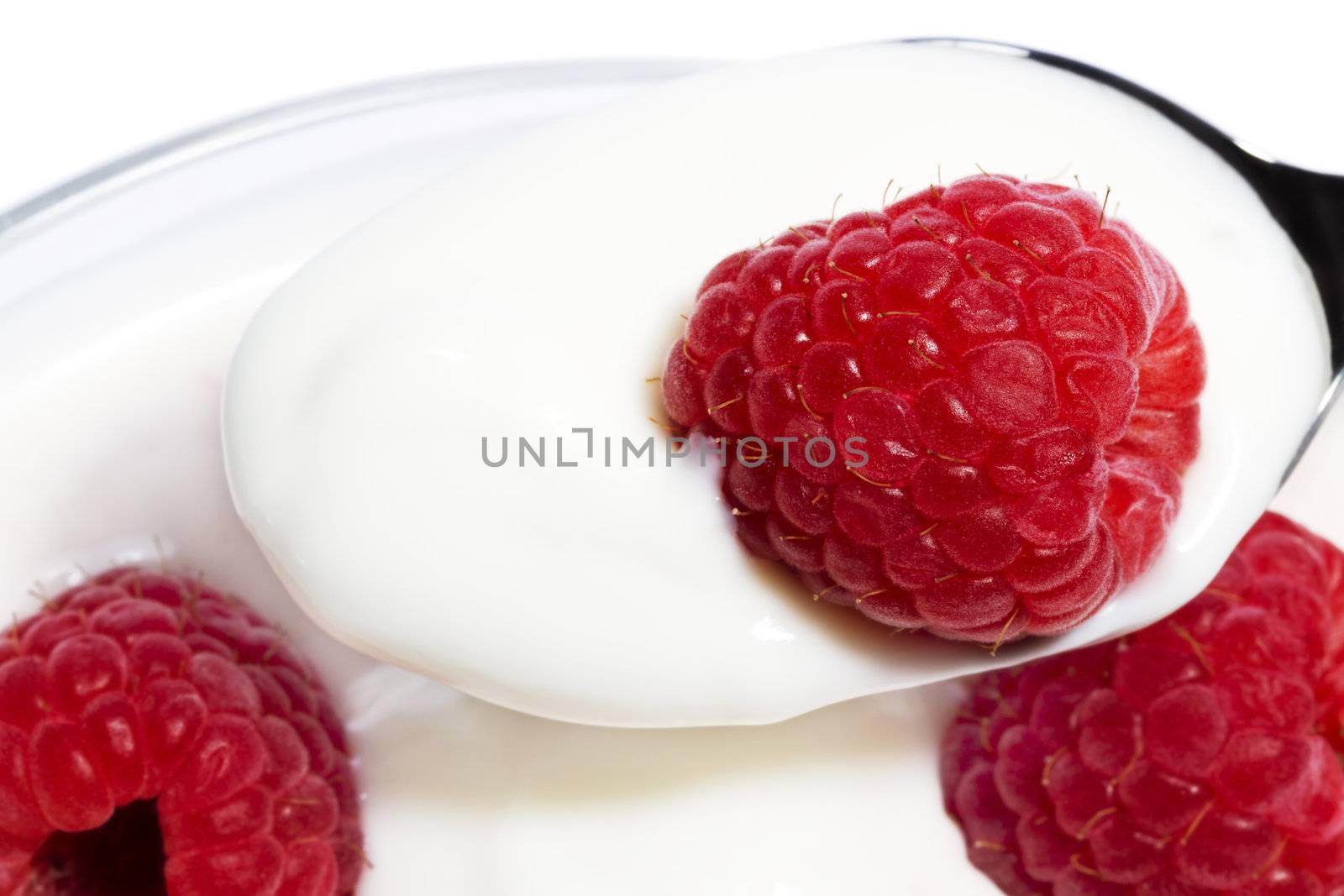 closeup of a raspberry on a spoon with yogurt top of other raspberries in a dessert