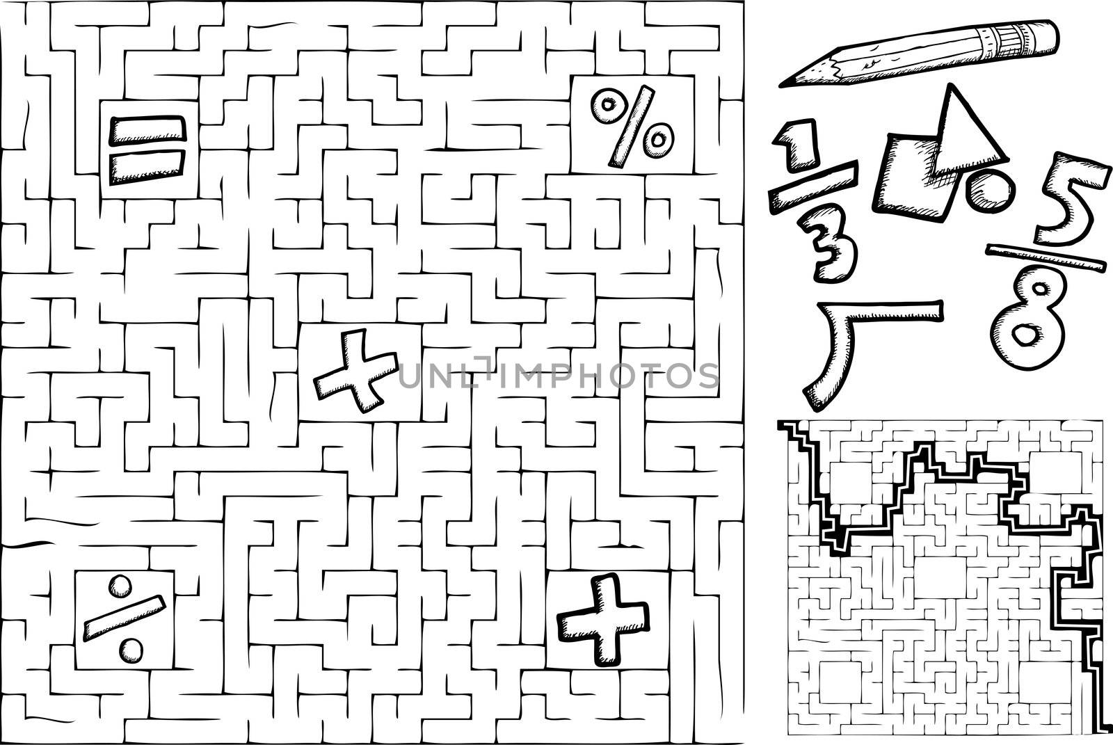 Coloring page math maze with interchangeable symbols with solution
