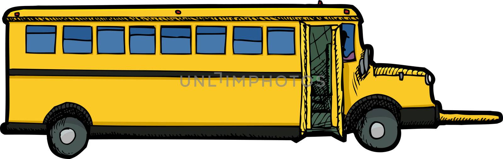 Long school bus with open door and crossing arm