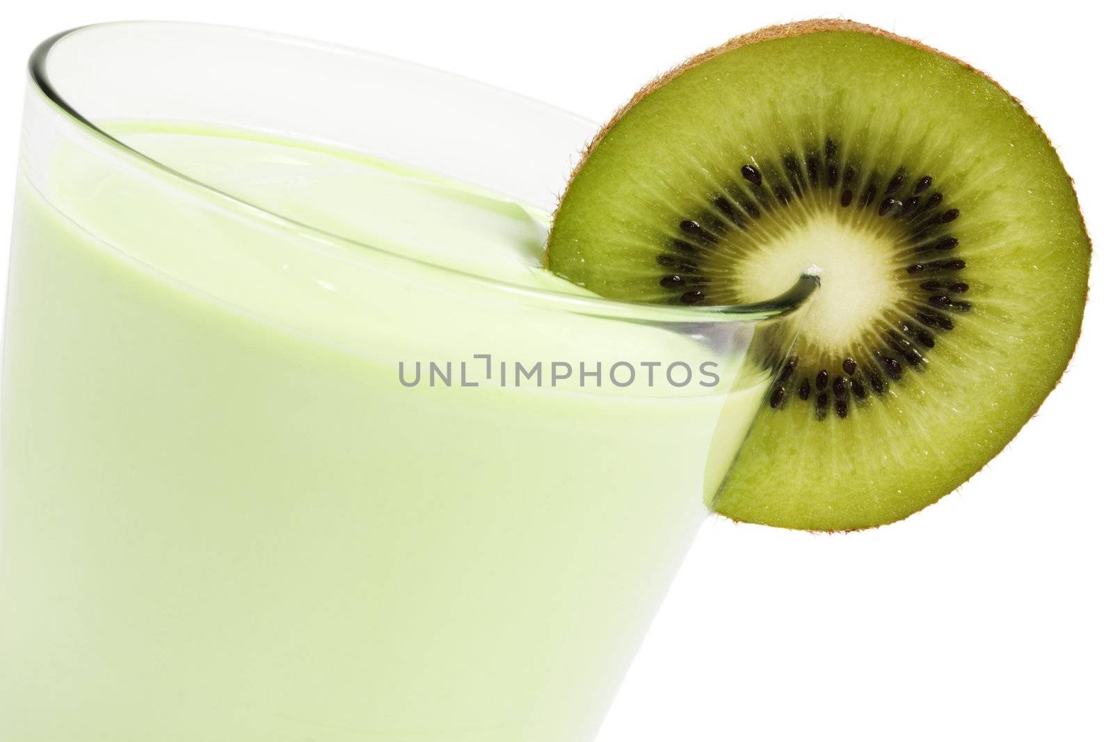 kiwi milkshake with a blade of kiwifruit on white background