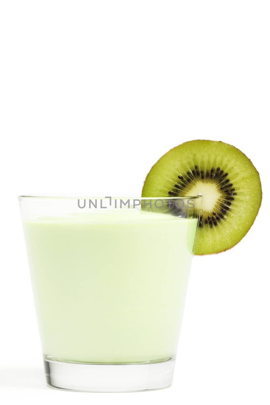 kiwi milkshake with a blade of a kiwifruit on white background