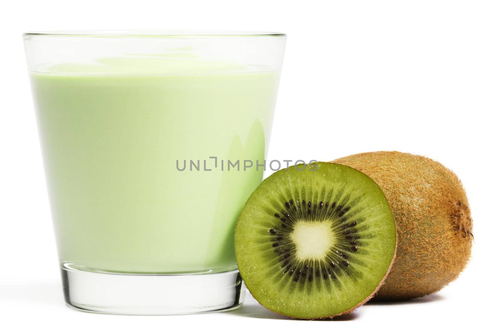 milkshake with a kiwi and a half kiwifruit aside on white background