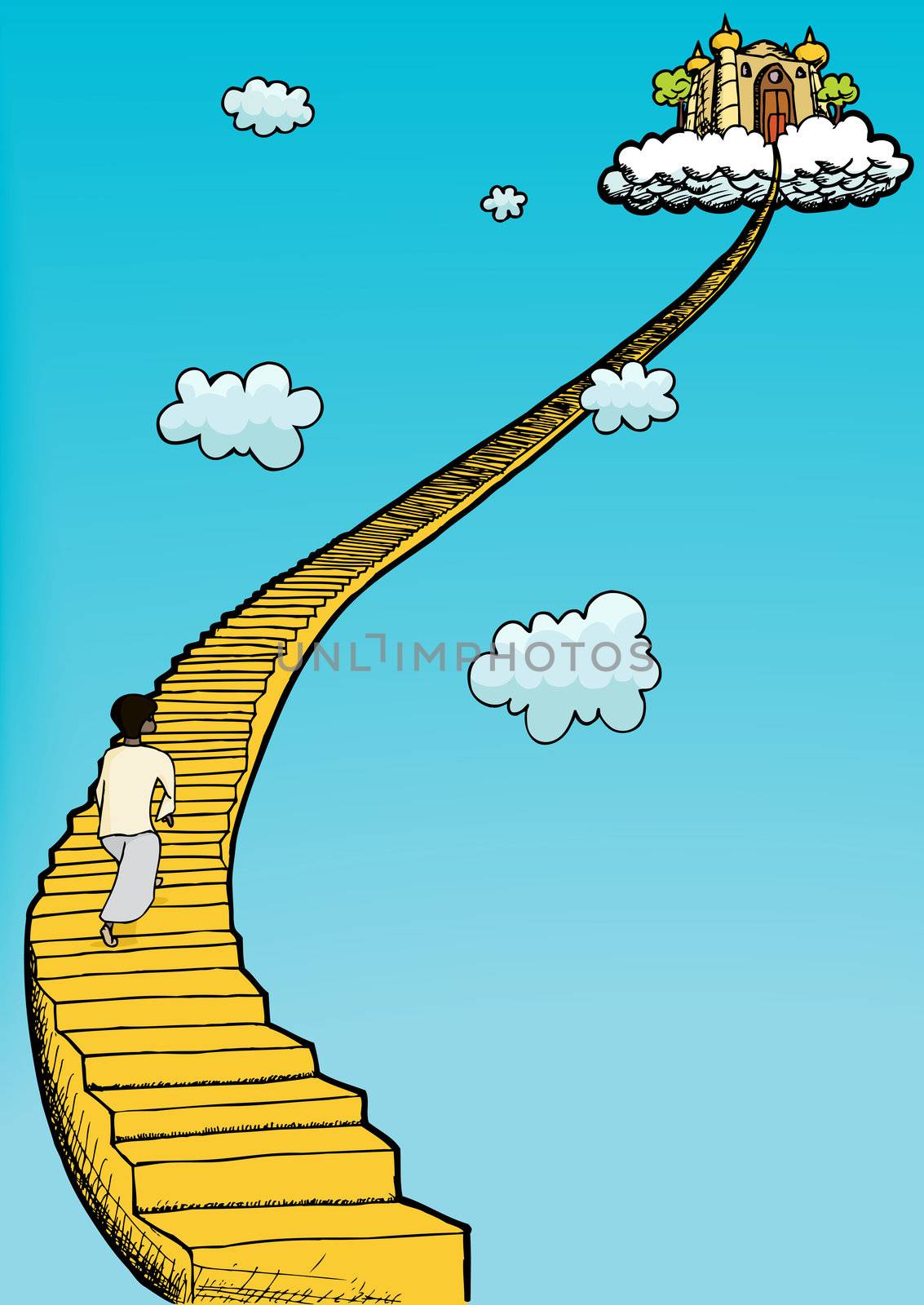 Person in gown climbs golden staircase to heaven