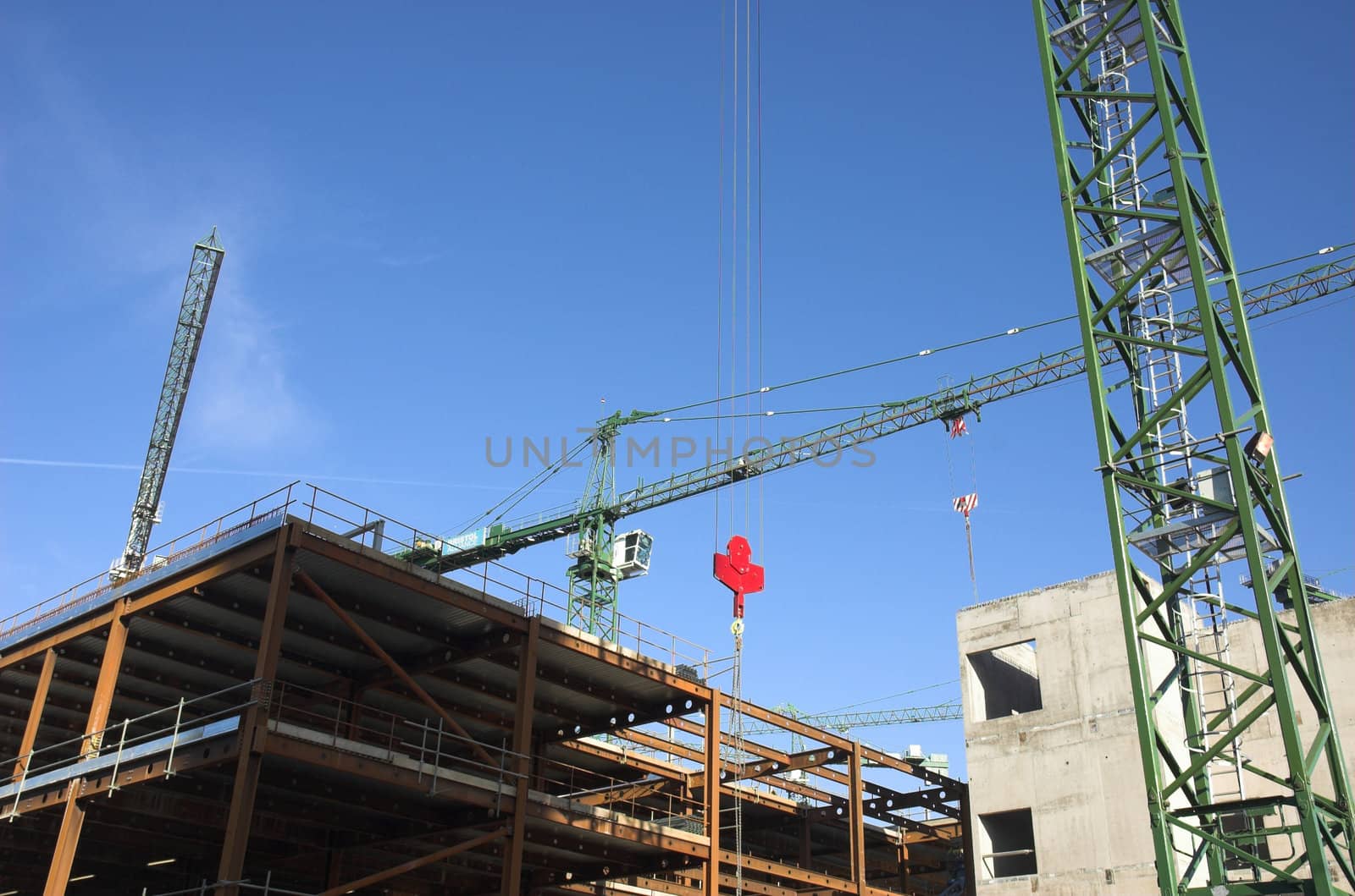 Large scale construction site with construction cranes.