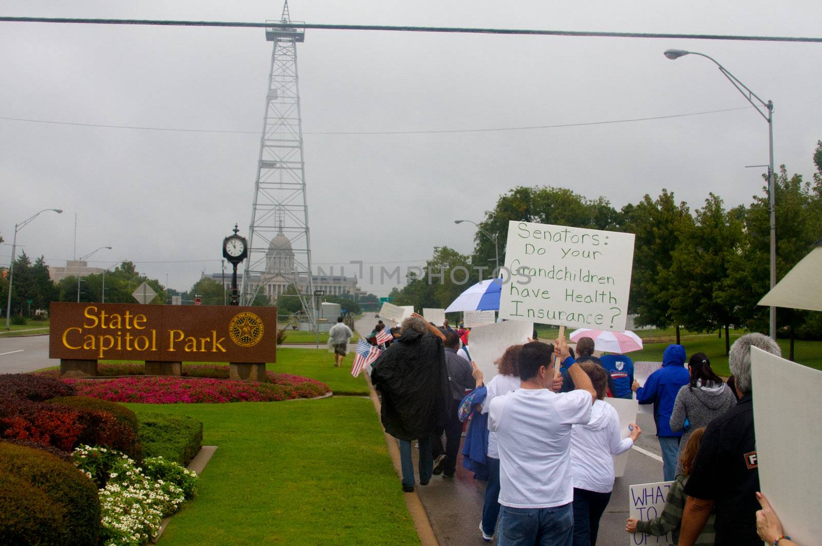 OKLAHOMA CITY, OK - SEPTEMBER 13, 2009: Protesters march to the Oklahoma capitol building to demonstrate their support for health care reform on September 13, 2009 in Oklahoma City, Oklahoma.