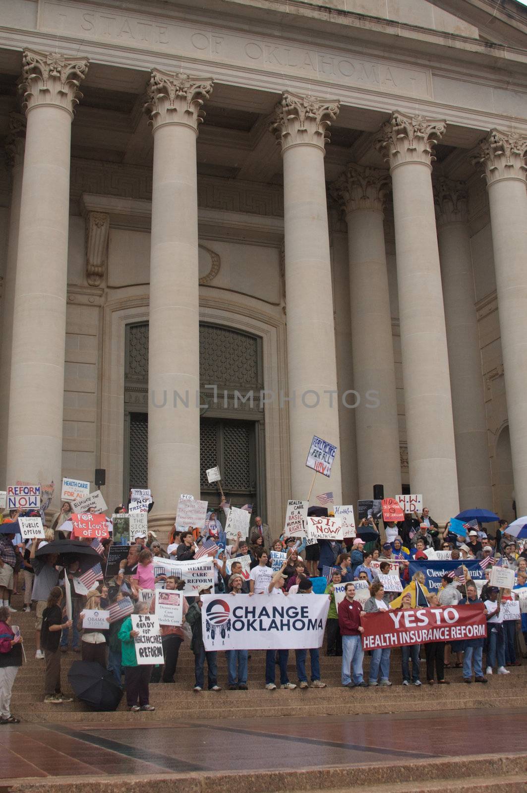 OKLAHOMA CITY, OK - SEPTEMBER 13, 2009: Protesters march to the Oklahoma capitol building to demonstrate their support for health care reform on September 13, 2009 in Oklahoma City, Oklahoma.