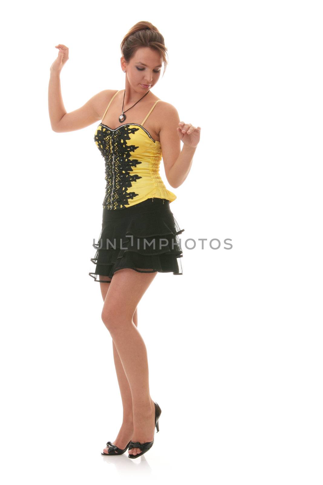 Sweet young woman (teenage girl) in yellow/black dress