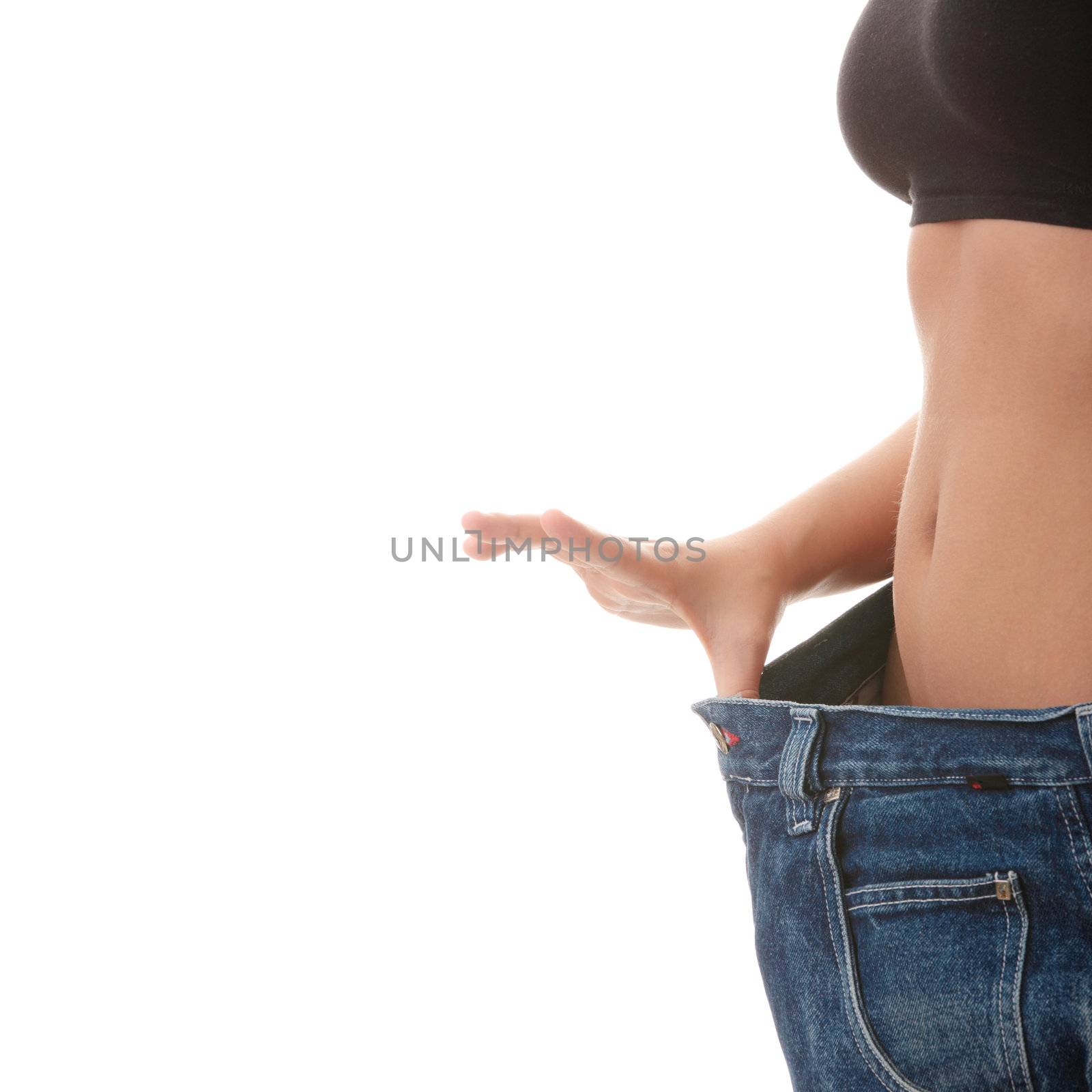 Woman showing how much weight she lost. Healthy lifestyles concept isolated on white background
