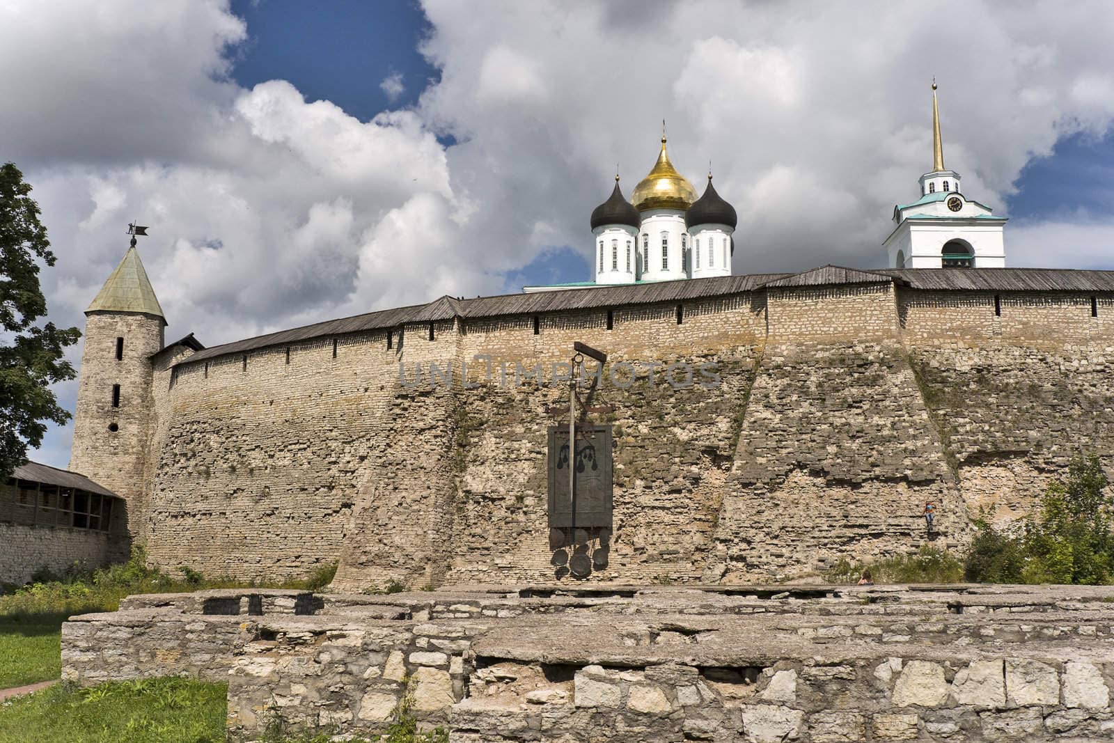 Trinity cathedral with bell-tower and Pskov kremlin in Russia