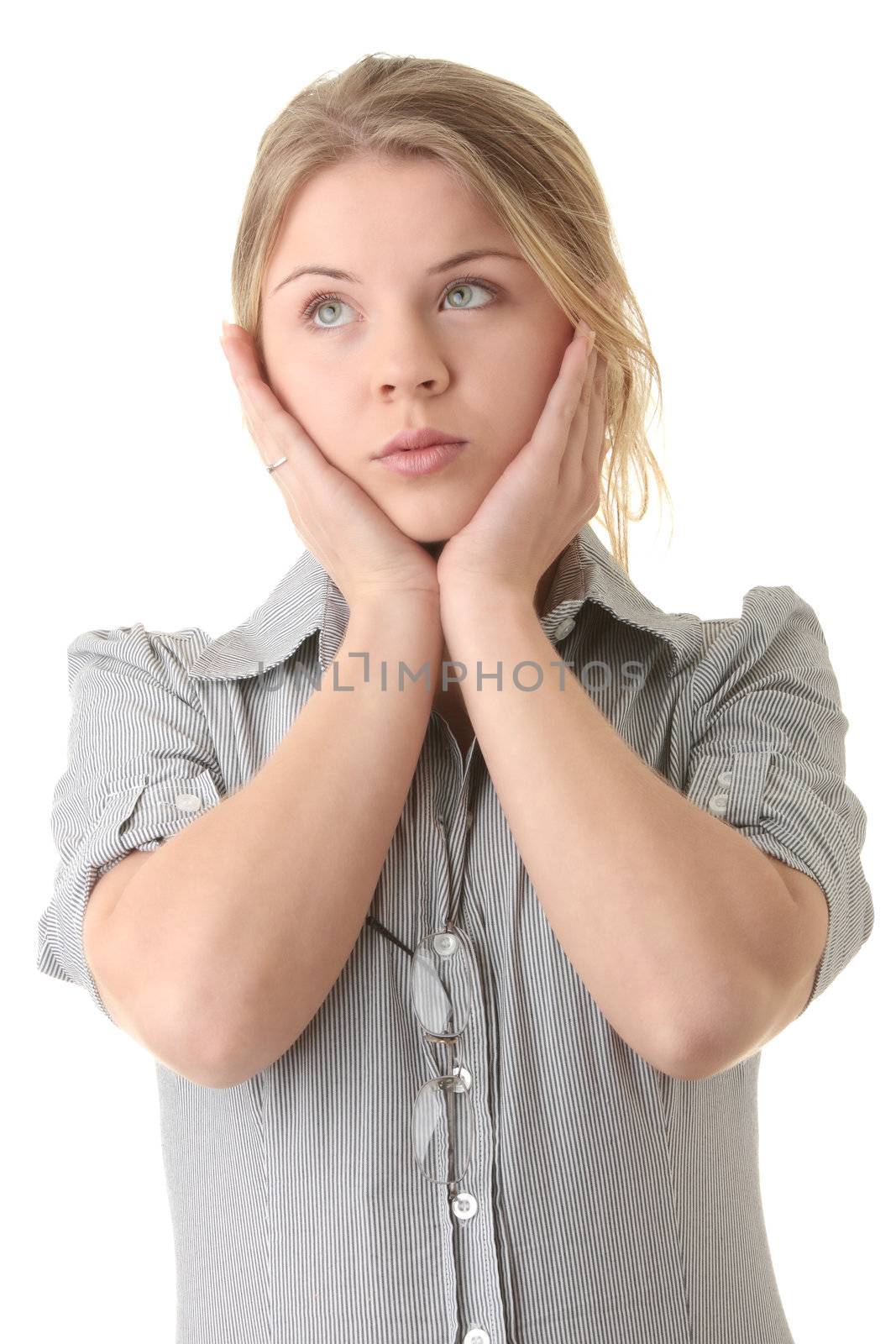 Portrait of young woman (student or businesswoman) worried isolated on white background
