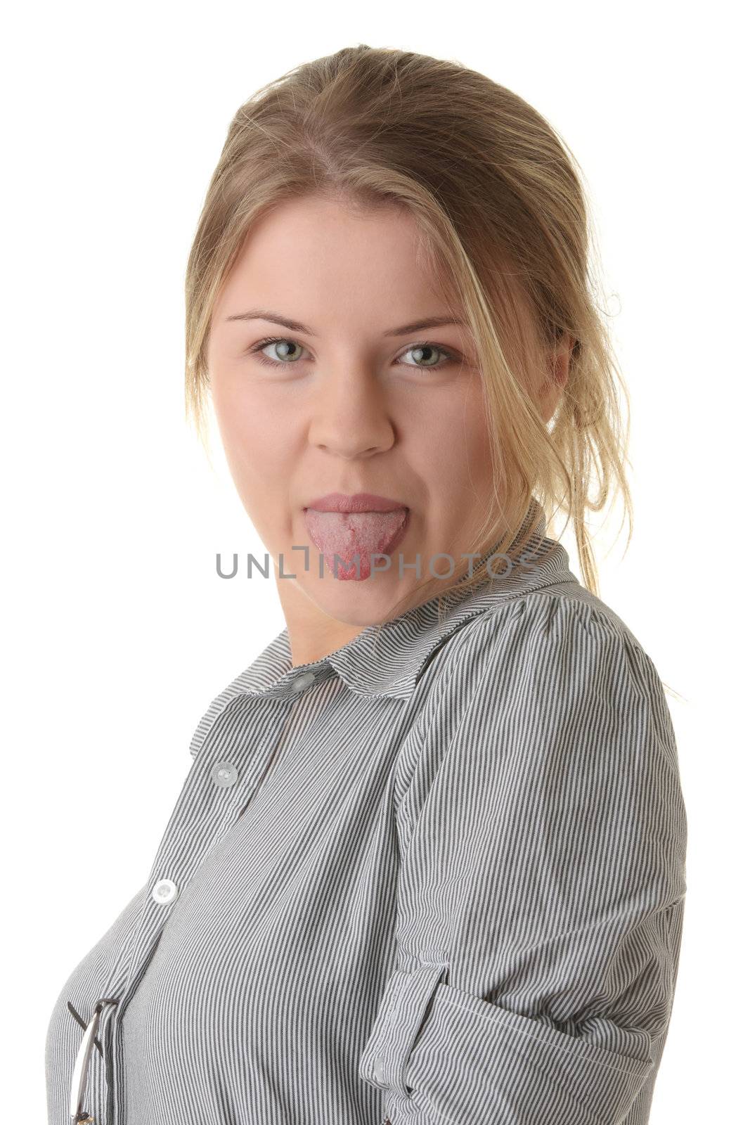 Portrait of young woman (student or businesswoman) isolated on white background