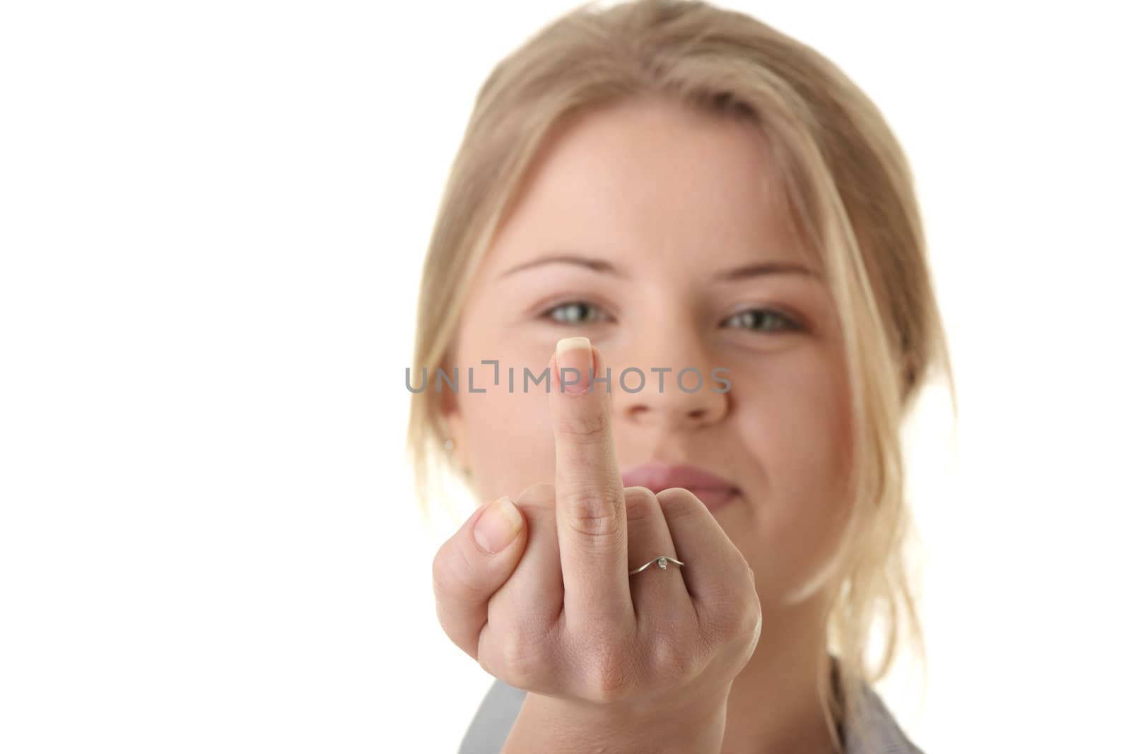 Portrait of young woman (student or businesswoman) middle finger up isolated on white background